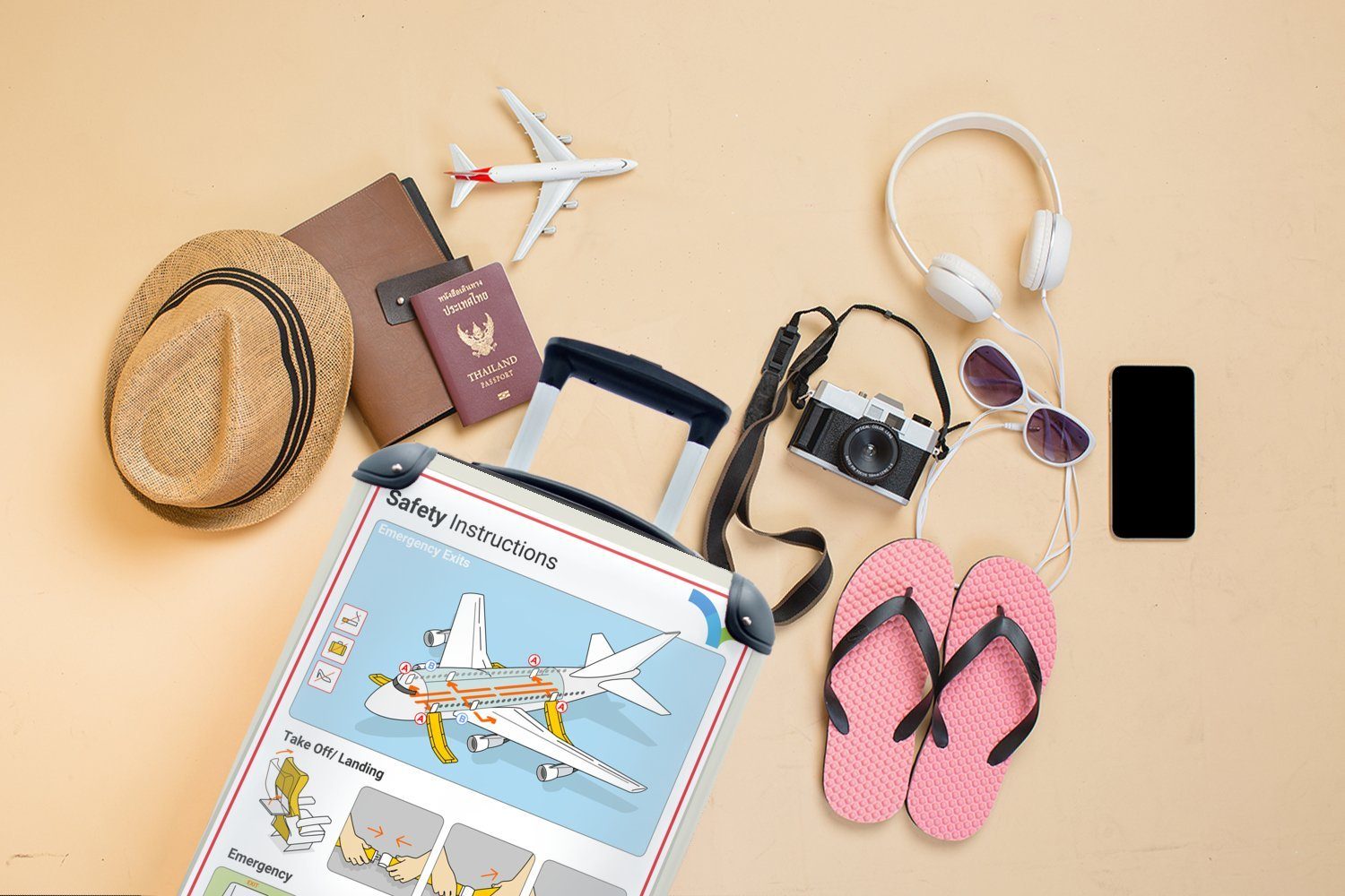 MuchoWow Handgepäckkoffer Illustration einer Reisekoffer Handgepäck 4 eines mit für Sicherheitskarte Ferien, Flugzeugs, Reisetasche Trolley, rollen, Rollen