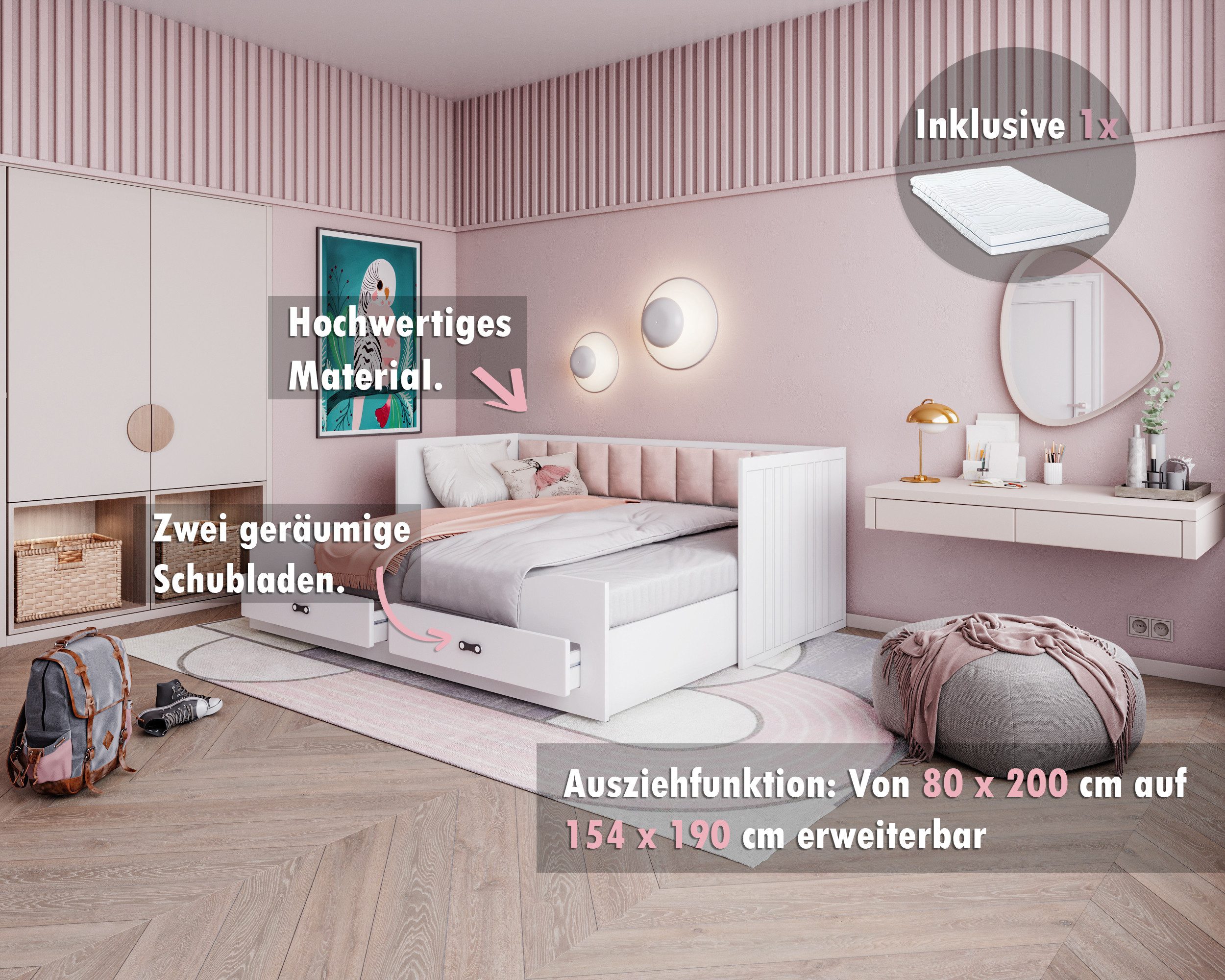 AJKmeble Funktionsbett mit zwei Schubladen und Ausziehbett 80x200cm auf 154 günstig online kaufen