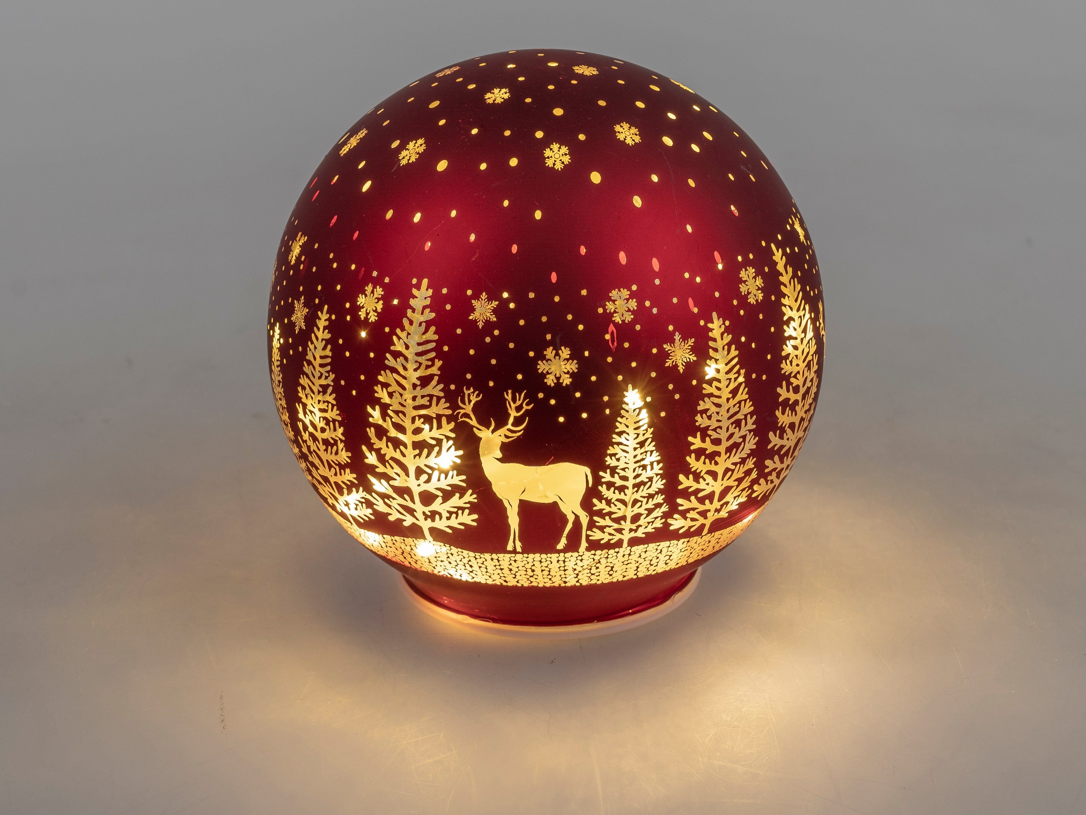 formano Weihnachtsbaumkugel Deko Kugel Licht rot mit Hirsch und Bäume LED-Licht mit Timer, Glas