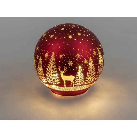 formano Weihnachtsbaumkugel Deko Kugel Licht rot mit Hirsch und Bäume LED-Licht mit Timer, Glas