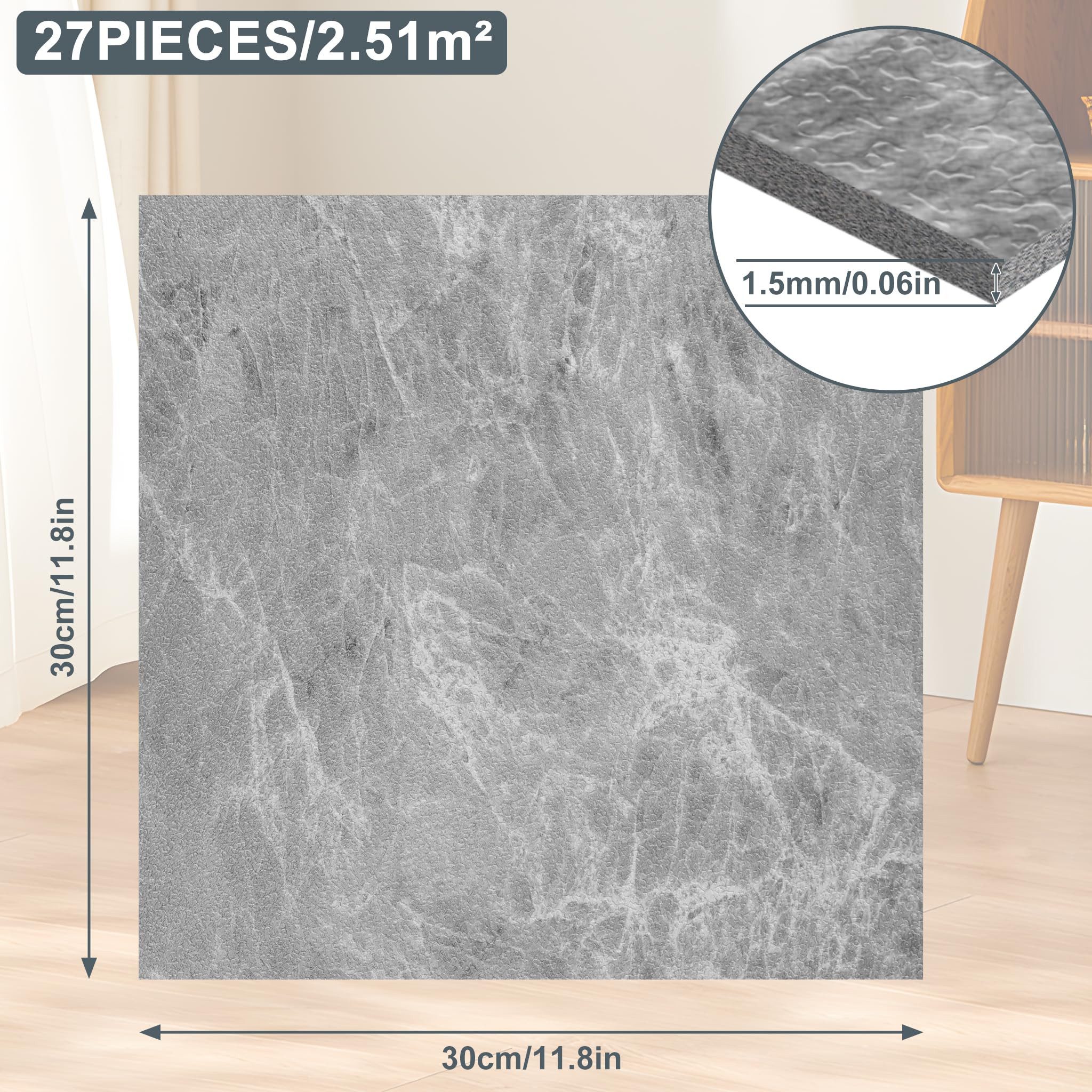 FIVMEN Vinylboden PVC Bodenbelag Selbstklebend Vinylboden Bodenfliesen 30cm×30cm, 27 Stück, 2.51m², Fliesenaufkleber Rutschfeste Venylbodenbelag für Schlafzimmer, Küche