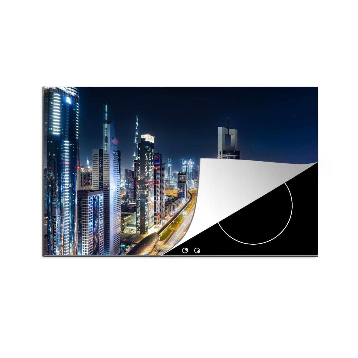 MuchoWow Herdblende-/Abdeckplatte Skyline von Dubai mit Sheikh Zayed Road, Vereinigte Emirate, Vinyl, (1 tlg), 81x52 cm, Induktionskochfeld Schutz für die küche, Ceranfeldabdeckung