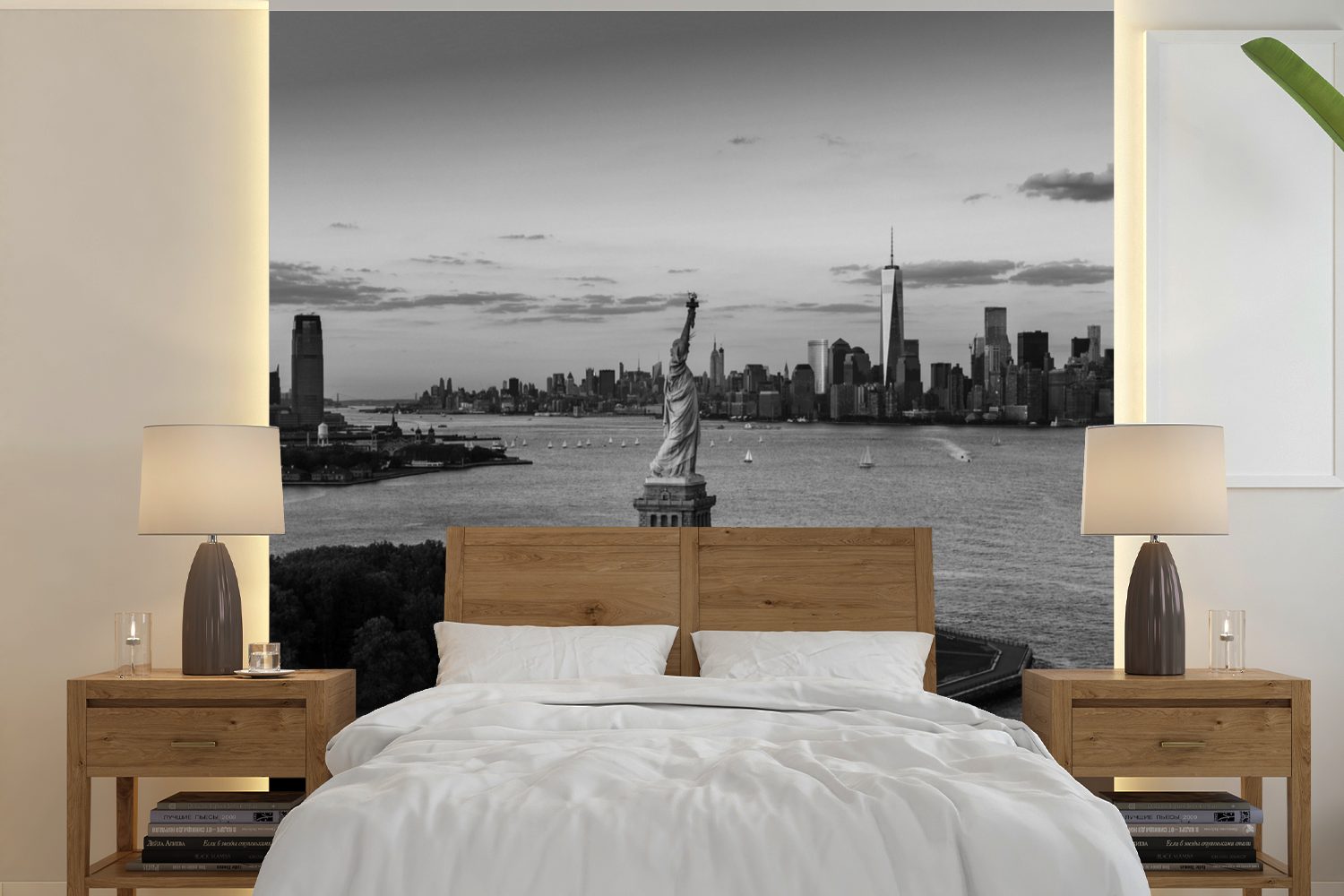 MuchoWow Fototapete Freiheitsstatue und Skyline von New York City - schwarz und weiß, Matt, bedruckt, (5 St), Vinyl Tapete für Wohnzimmer oder Schlafzimmer, Wandtapete