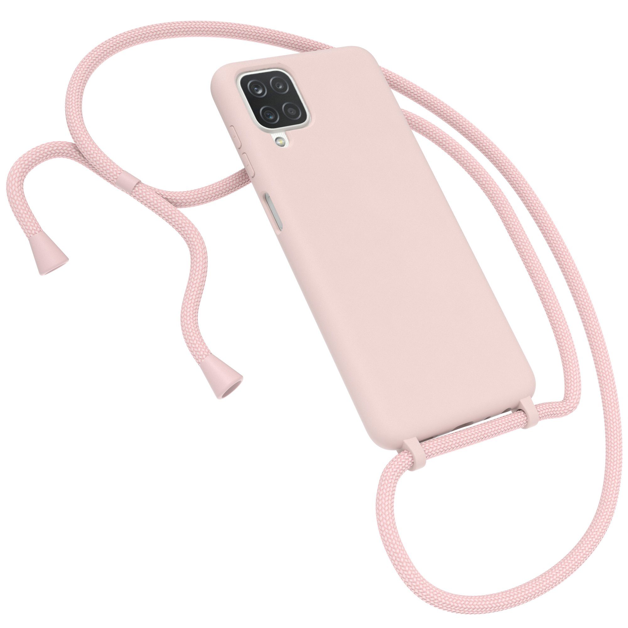 EAZY CASE Handykette Silikon Kette für Samsung Galaxy A12 6,5 Zoll, Umhängeband Kordel Hülle mit Band Schutzhülle Bumper Etui Matt Rosé