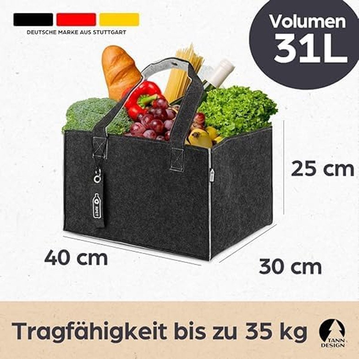 Tanndesign Einkaufskorb Einkaufs- & Kaminholzkorb Filz 31L, aus recycelten PET, Grau/Schwarz, 31 l, Filz-Tragetasche aus recycelten PET-Flaschen – Bild 3 von 5