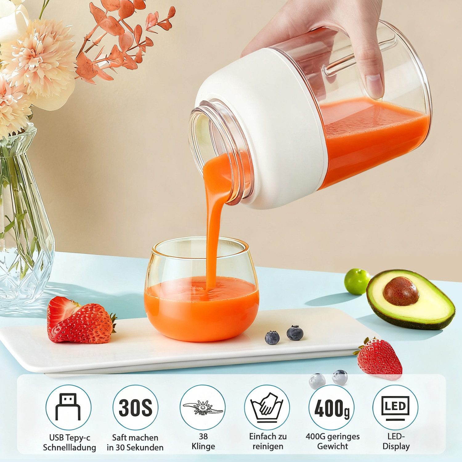 Fine Life Pro Entsafter 800ml Tragbare Smoothie-Maker, Mini-Saftpresse mit Edelstahlmesser, 80W, 1300*2mAh Akku – Frischer Saft überall – Bild 2 von 5