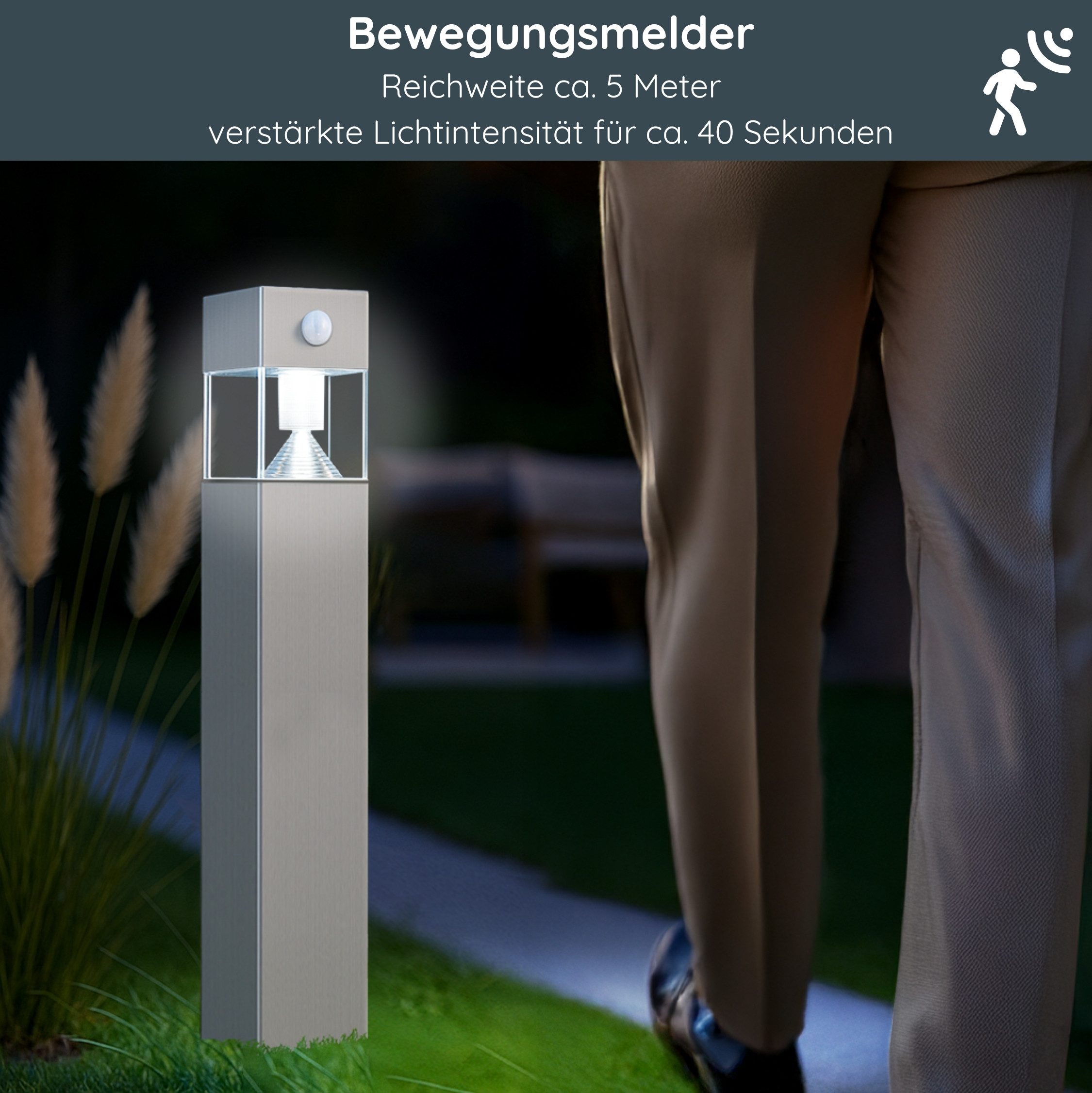 MeLiTec LED Solarleuchte Solar-Gartenleuchte SO32, aus Edelstahl, Tageslichtweiß, bis zu 8h Leuchtdauer, anthrazit oder matt gebürstet, eckig, LED