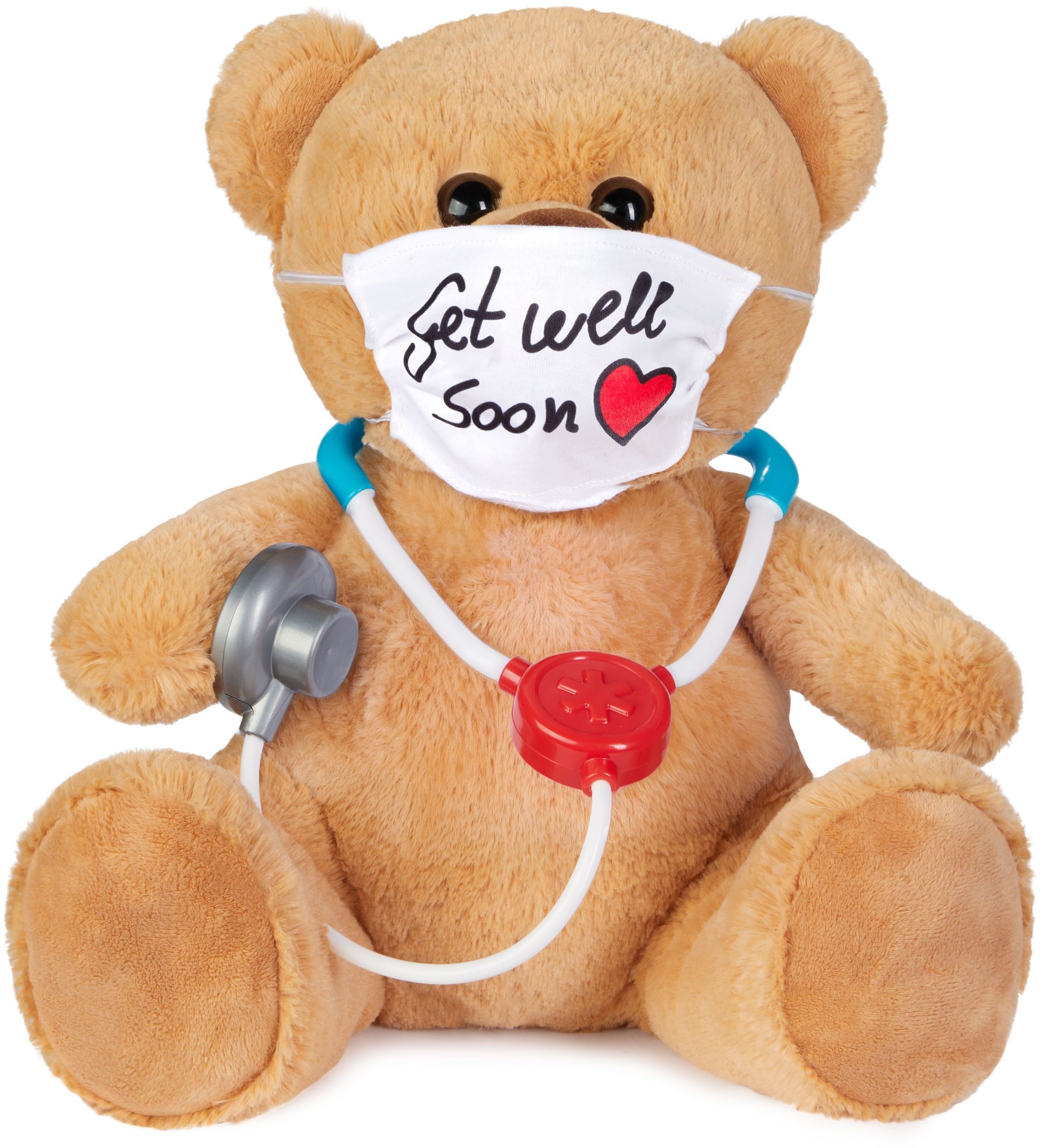 BRUBAKER Kuscheltier Teddy mit Mundschutz und Stethoskop - Teddybär 35 cm - Get Well Soon (Geschenk-Set, 1-St., Braun Hellbraun), Arzt Plüschbär - Plüschteddy Schmusetier