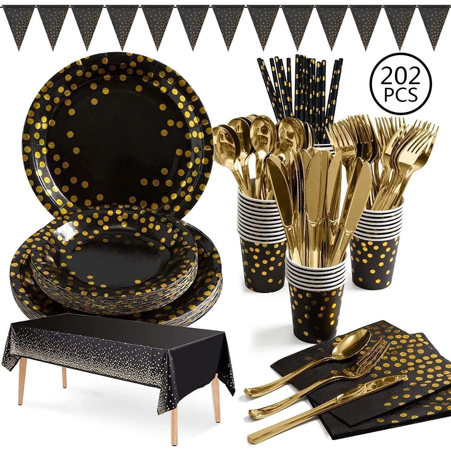 LuxusKollektion Pappteller Partygeschirr Set schwarzgold 25 Personen, (1 St)