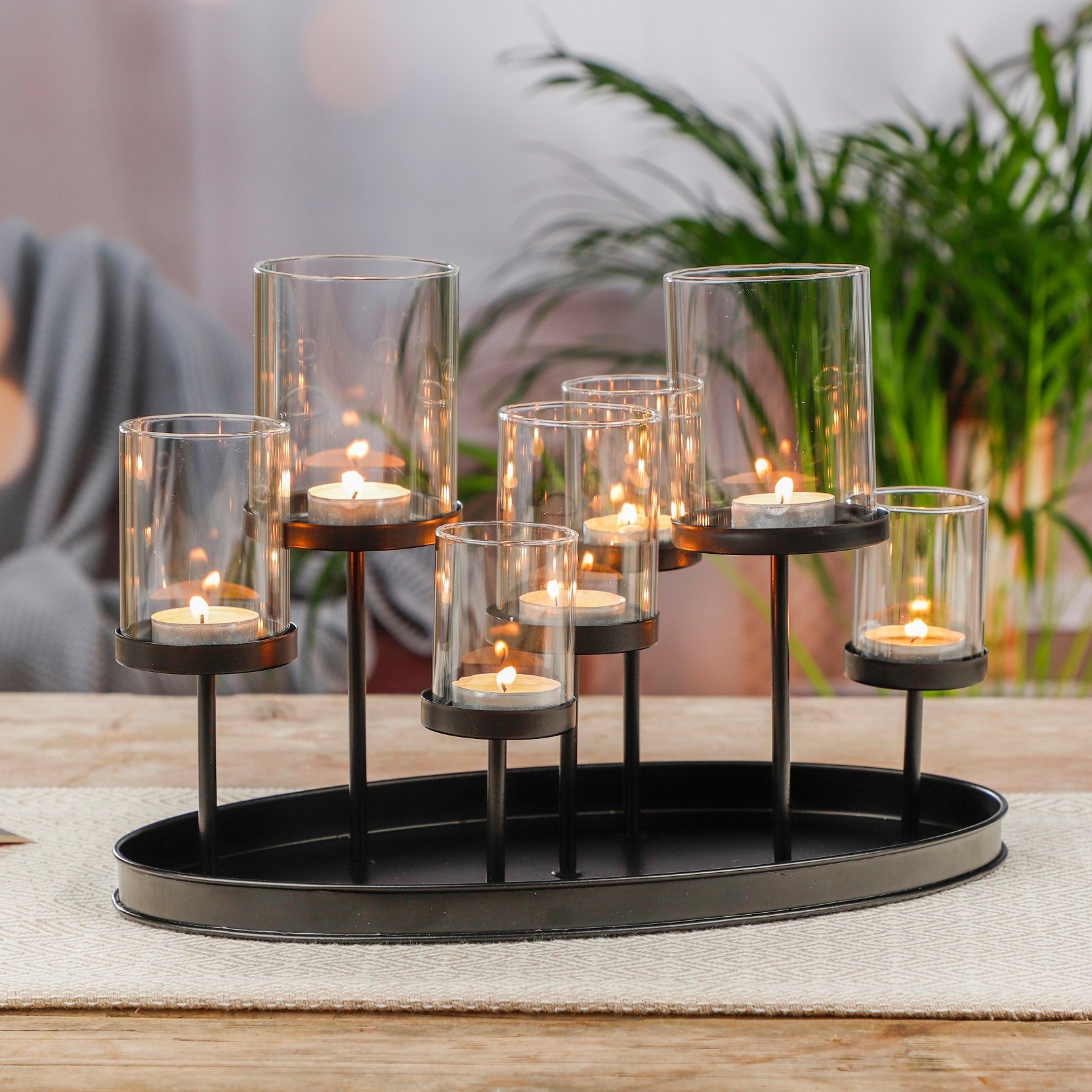 Kerzentablett Glas GartenHero Kerzentablett Kerzenständer Kerzenhalter Teelichthalter Windlicht schwarz