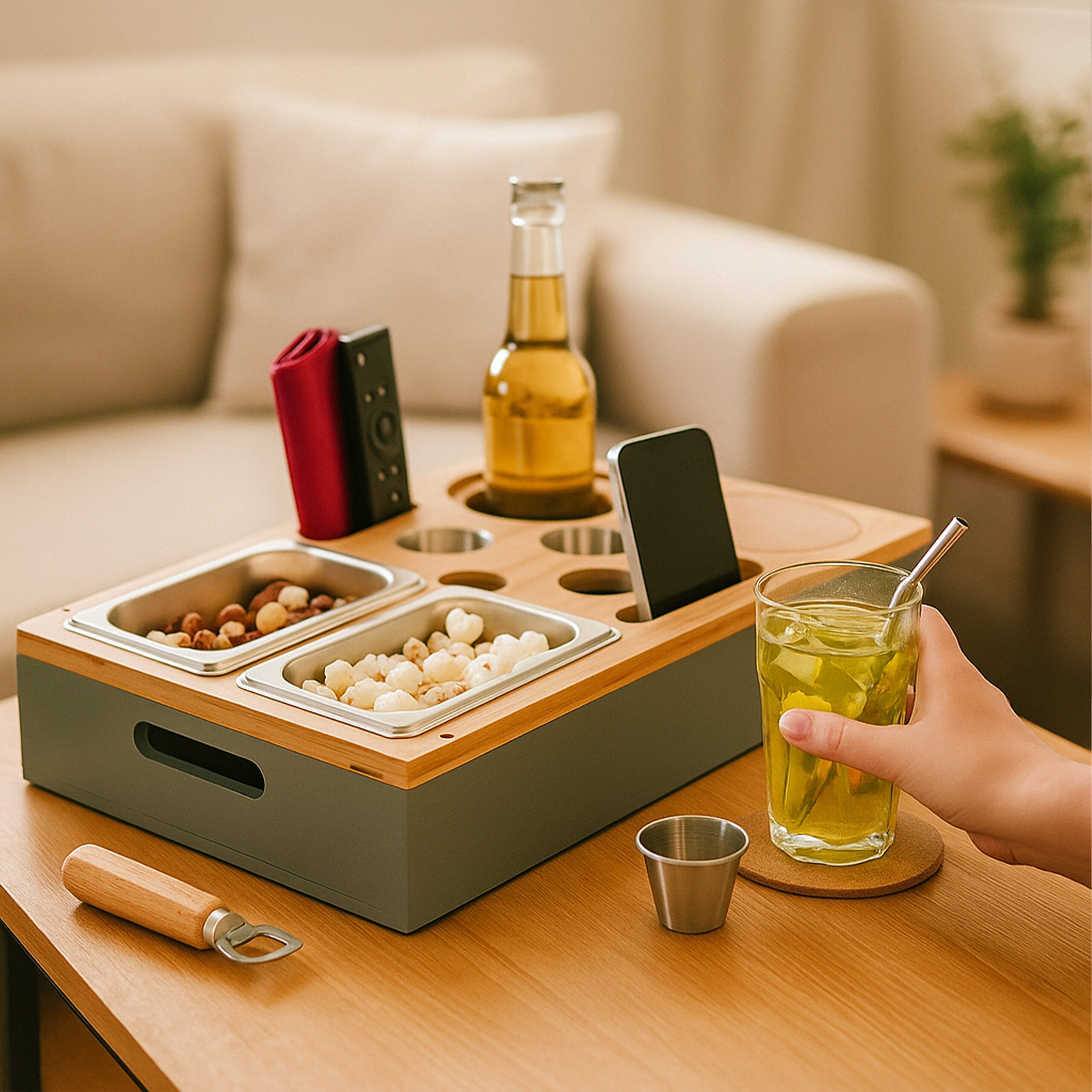 relaxdays Tabletttisch Couchbar mit Zubehör, Grau günstig online kaufen
