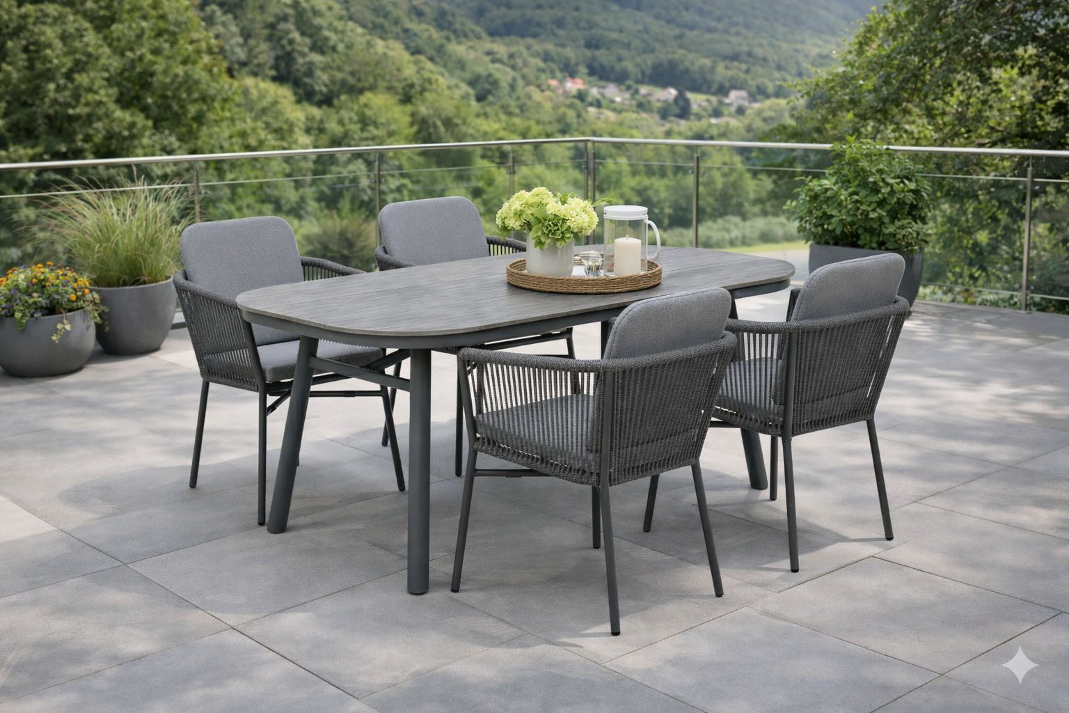 Destiny Garten-Essgruppe LIMONE SAN MARINO 4 Se + Tisch OV 180x90cm, grau, (Set, 5-tlg., 4 Stapelsessel inkl. Polster, 1 Tisch), Aluminium, Rope, Polywood