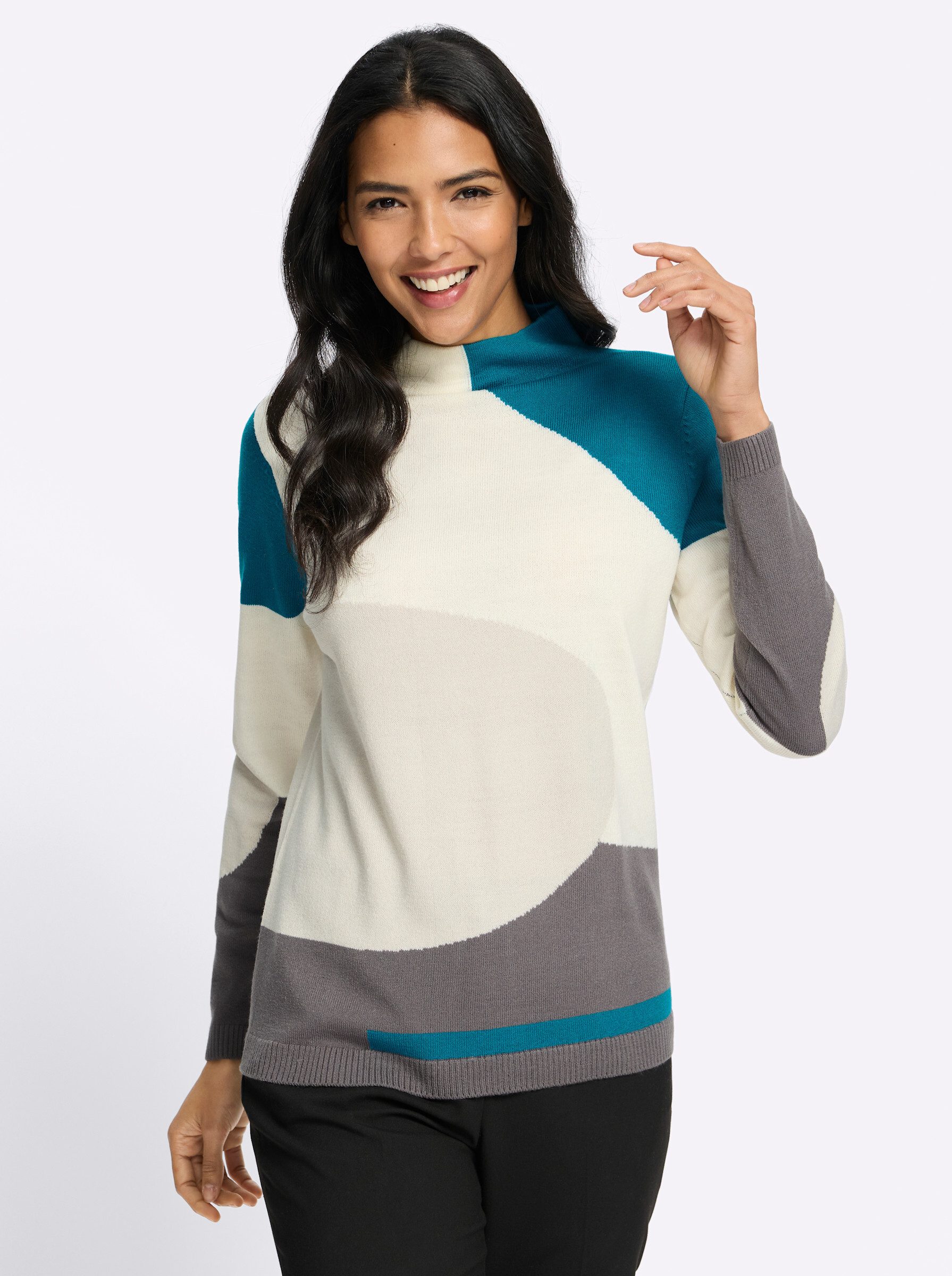 Strickpullover Stehkragen-Pullover Langarm Intarsien