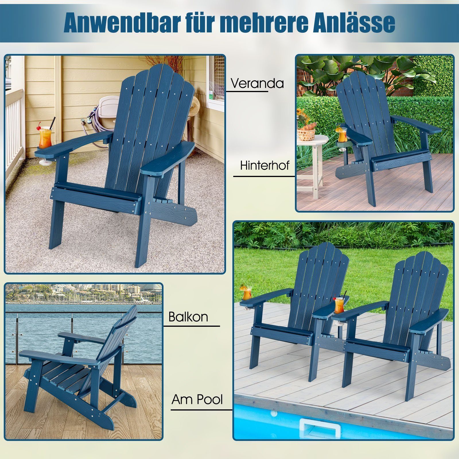 KOMFOTTEU Gartenstuhl Adirondack Stuhl mit Getränkehalter, 150 kg Tragfähigkeit