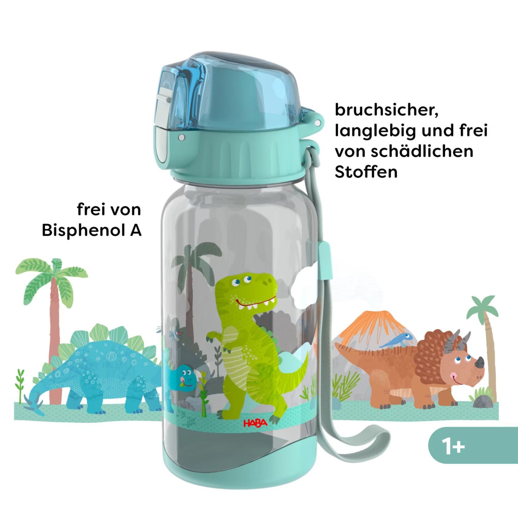 Haba Trinkflasche Trinkflasche Dinos Dinosaurier Schule 400 ml Tritan-Kunststoff, mit Clipverschluss