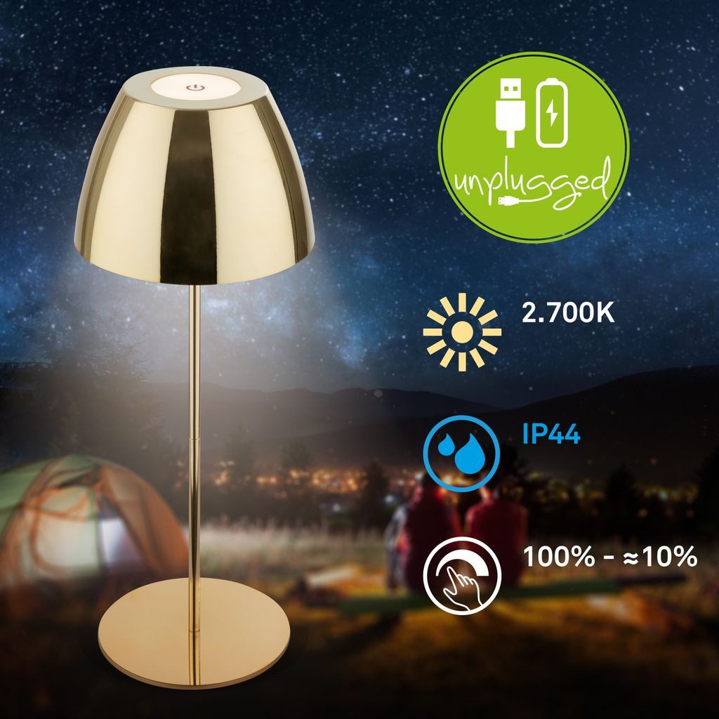 Briloner Leuchten Tischleuchte 7522017, Dimmfunktion, LED fest integriert, 2700K - Extra-Warmweiß, Tischlampe kabellos 13,5 x 36 cm Goldfarbig 2,5W Wohnzimmer Outdoor