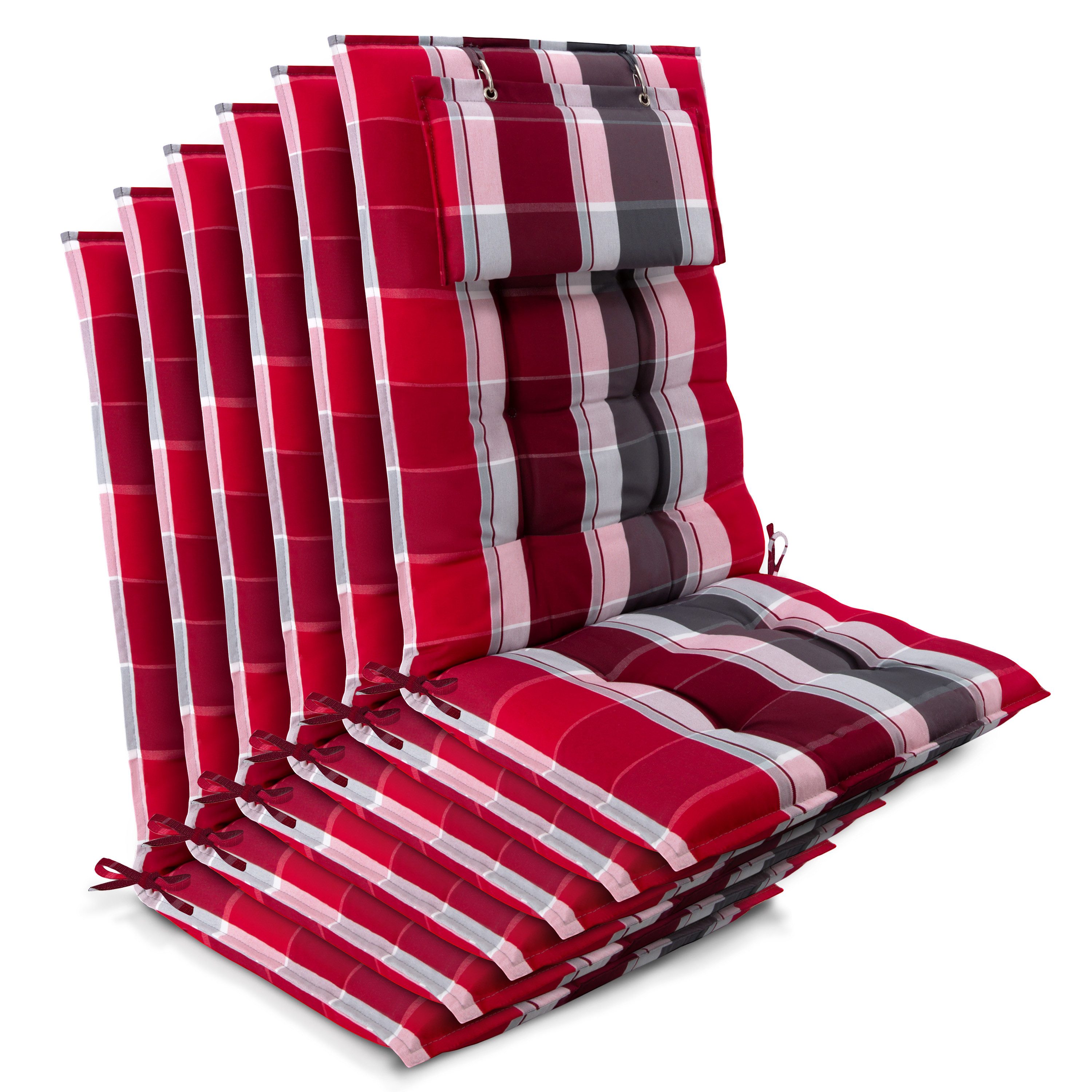 Beautissu Hochlehnerauflage 6er Set Sun-HL Hochlehner Auflage 120x50x8cm Rot-Anthrazit-Gestreift, Mit Kopfpolster, rutschfest & robust – Befestigungsbänder, UV 5