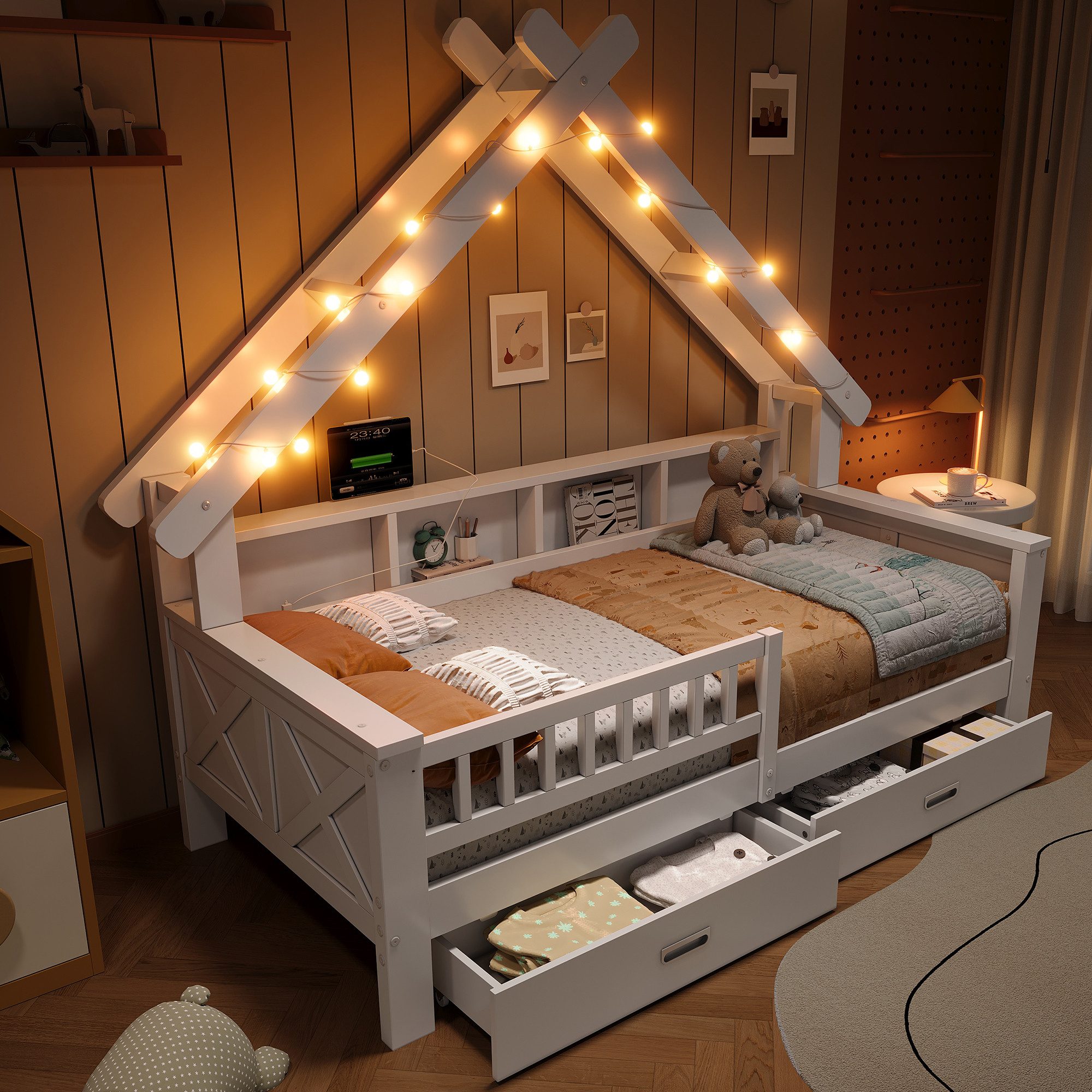 MODFU Kinderbett für Kinderzimmer & Schlafzimmer (Kinder-Hausbett mit LED-Licht & Stauraum – stabiles Plattformbett mit Schutzgitter, Schubladen und Regalen., 1-tlg., 205 x 97 x 179)