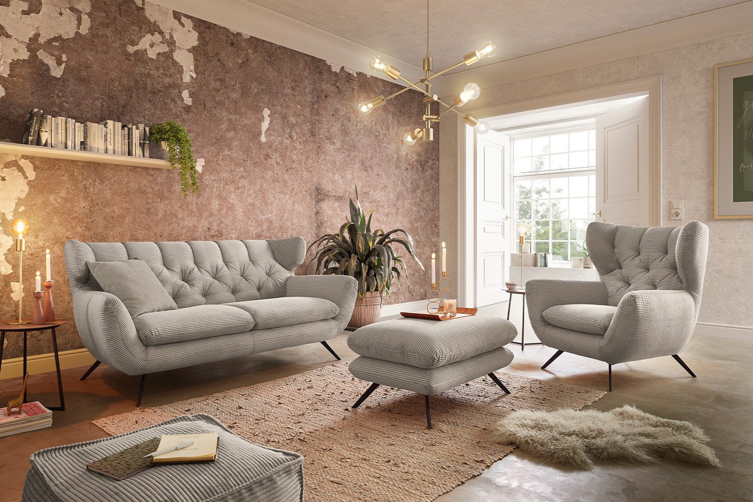 KAWOLA Sitzgruppe CHARME, (Set, 3-tlg), Sofa Sessel Hockerbank Cord verschiedene Farben