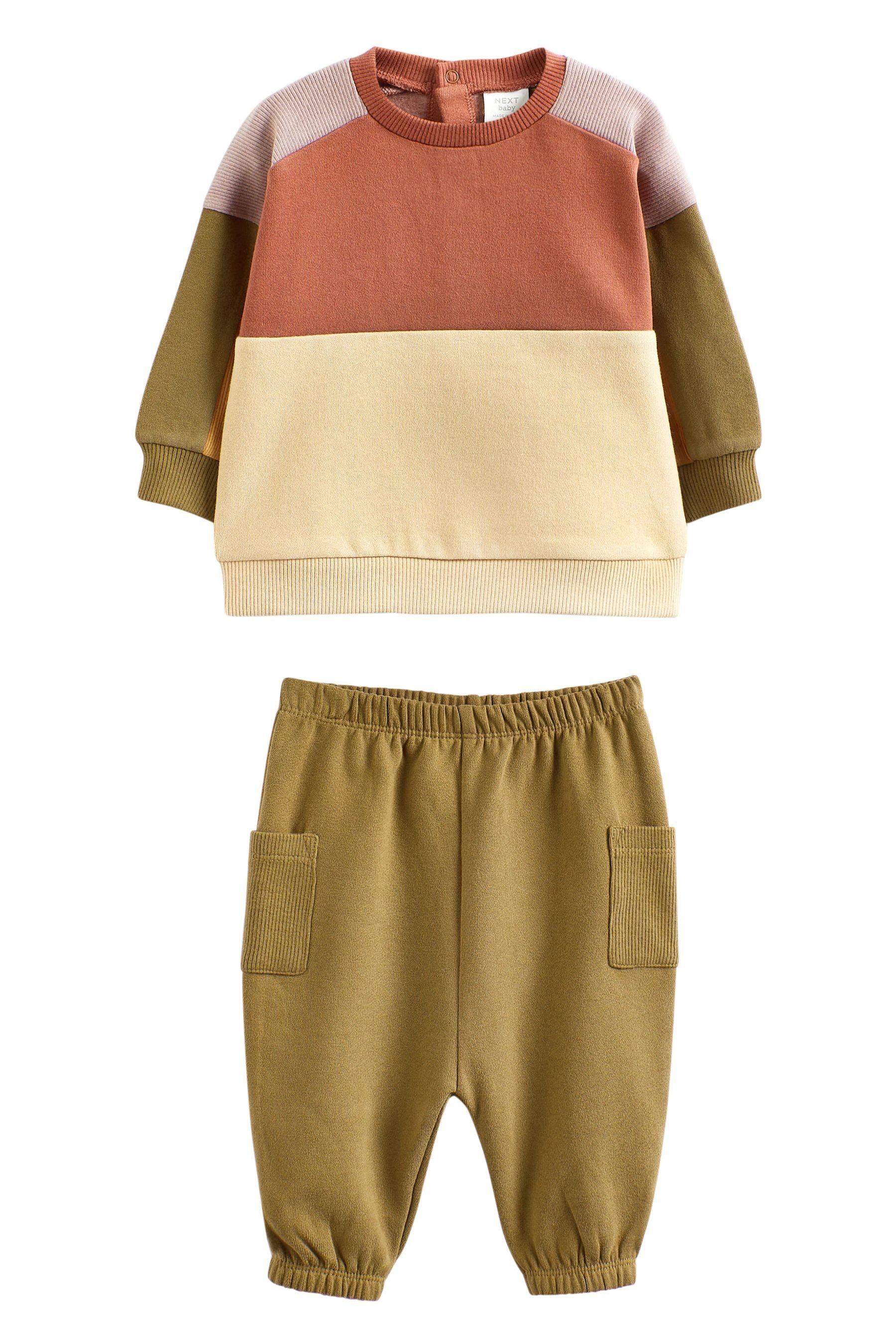Next Sweatanzug (2-tlg) 2-teiliges Sweatshirt mit Baby-Set Green/Cream Colourblock und Jogginghose
