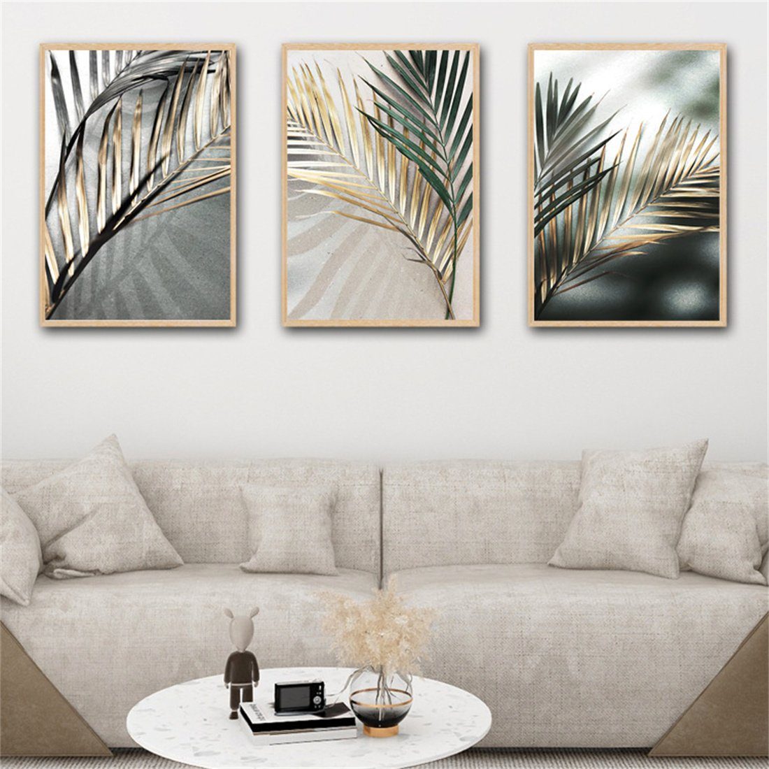 HOPPO~ Wandbild 3 dekorative Bildeinlagen mit goldenen und grünen Blättern, ungerahmt | Kunstdrucke