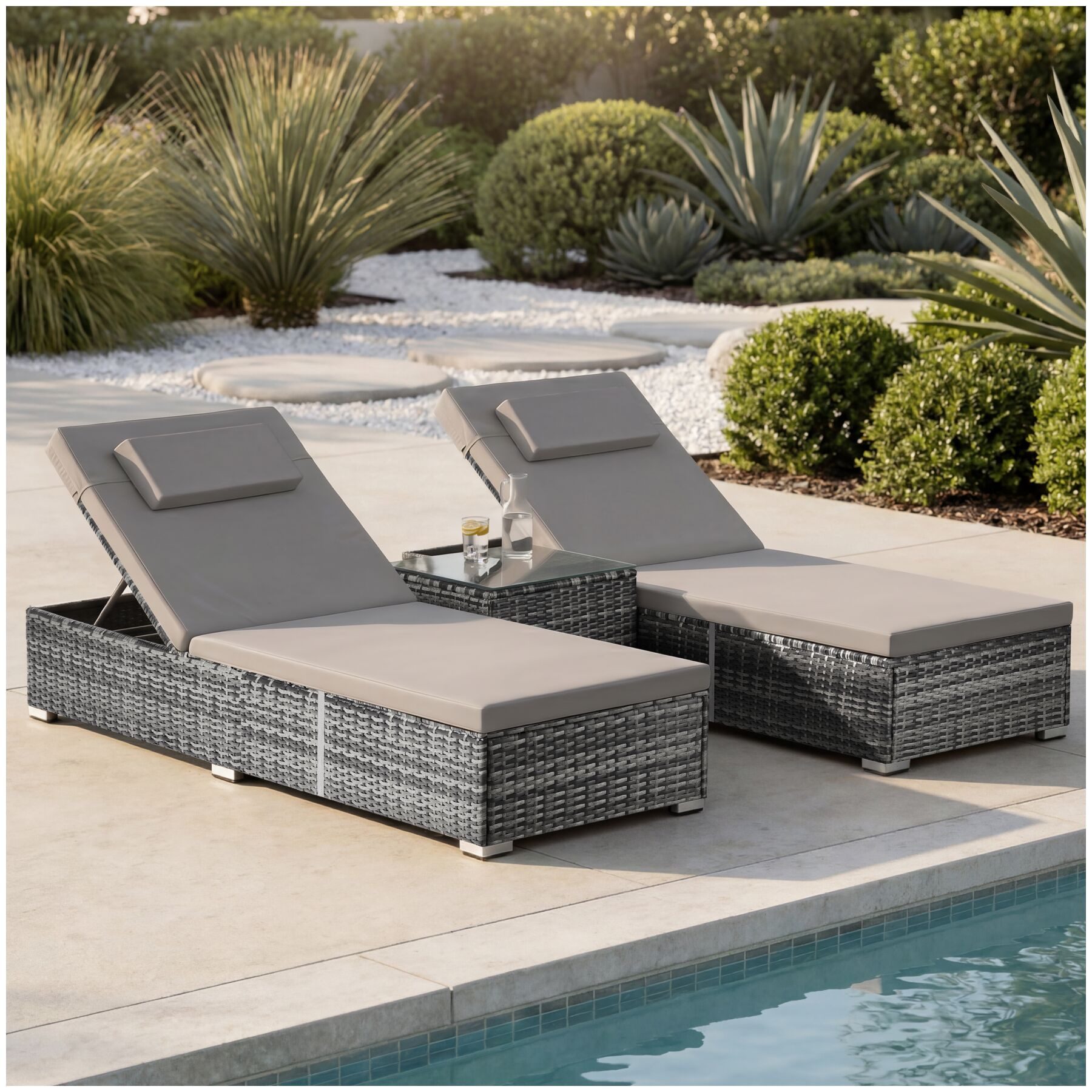 tectake Gartenliege Rattan-Doppelliege mit Tisch, mit abnehmbaren Kopfpolstern, Sonnenliege Carbonera, 1 St., in grau, wetterfest und UV-beständig, Belastbarkeit je 200 kg, verstellbar