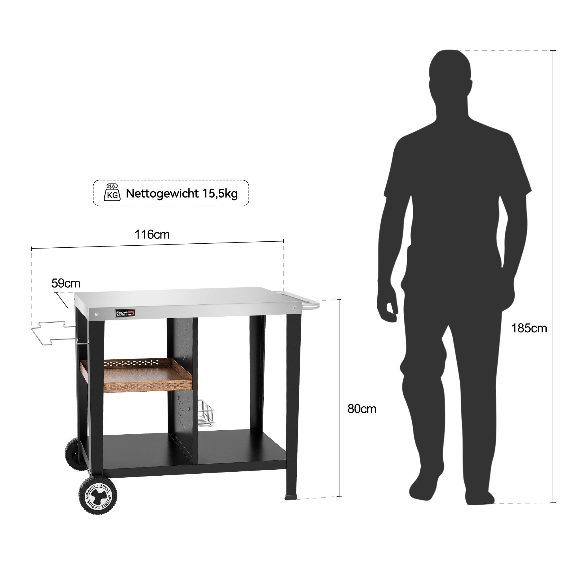 Royal Gourmet Grillablagetisch Grilltisch mit 85x50 cm Edelstahlplatte, 3-Etage Grillwagen, Mobiler Mehrzweck-Küchenwagen