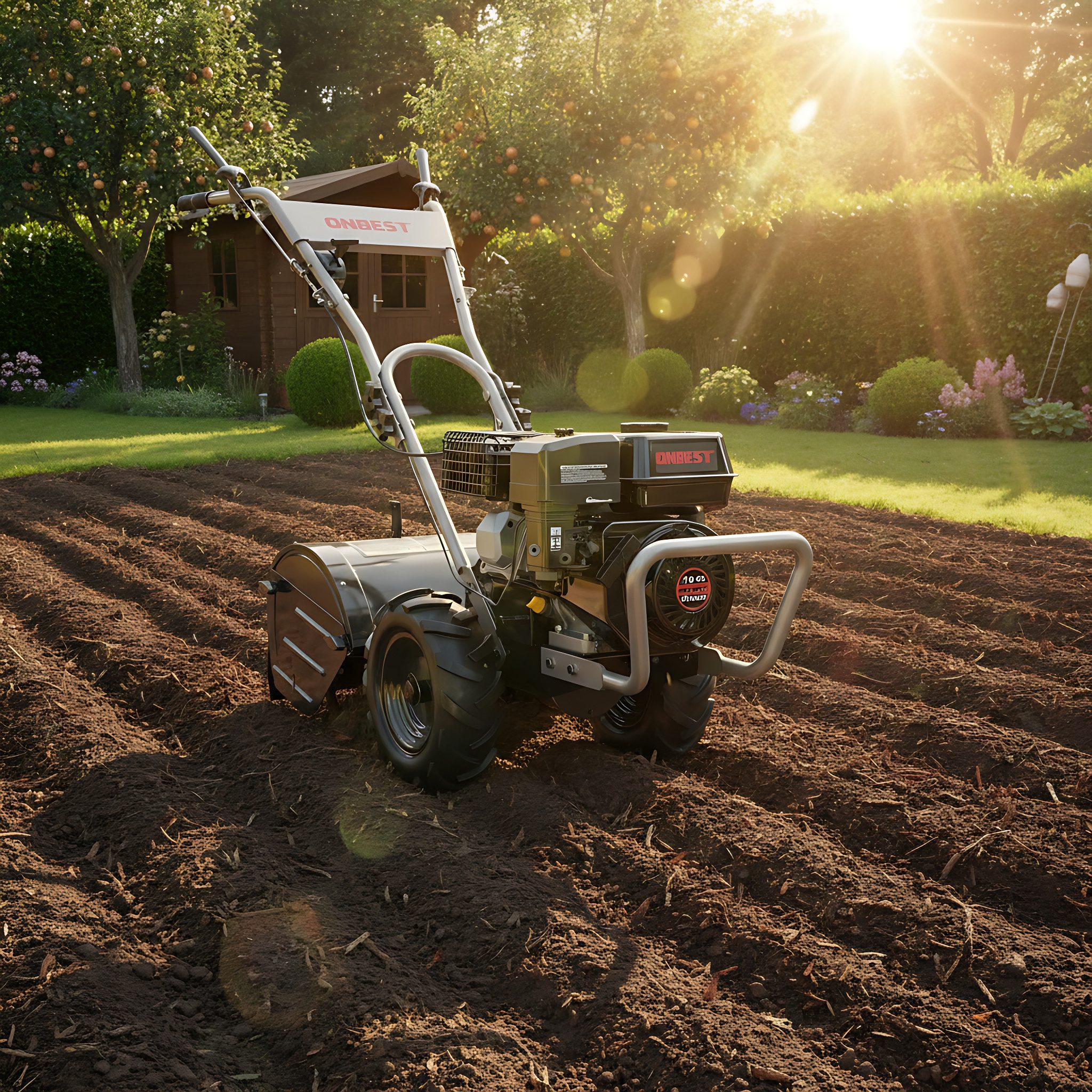 Onbest Benzinmotorhacke Gartenfräse T4150 4,1 kW / 7 PS, 53 cm Arbeitsbreite, 53 cm Arbeitsbreite, 35 cm Arbeitstiefe, 12 Hackmesser, Radantrieb