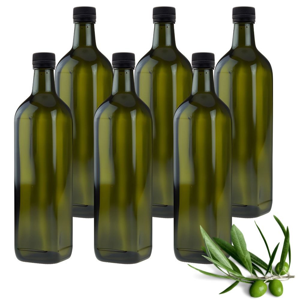 Ölspender 6 Ölflasche 750 ml mit Ausgießer grün/braune Glasflasche + Etiketten