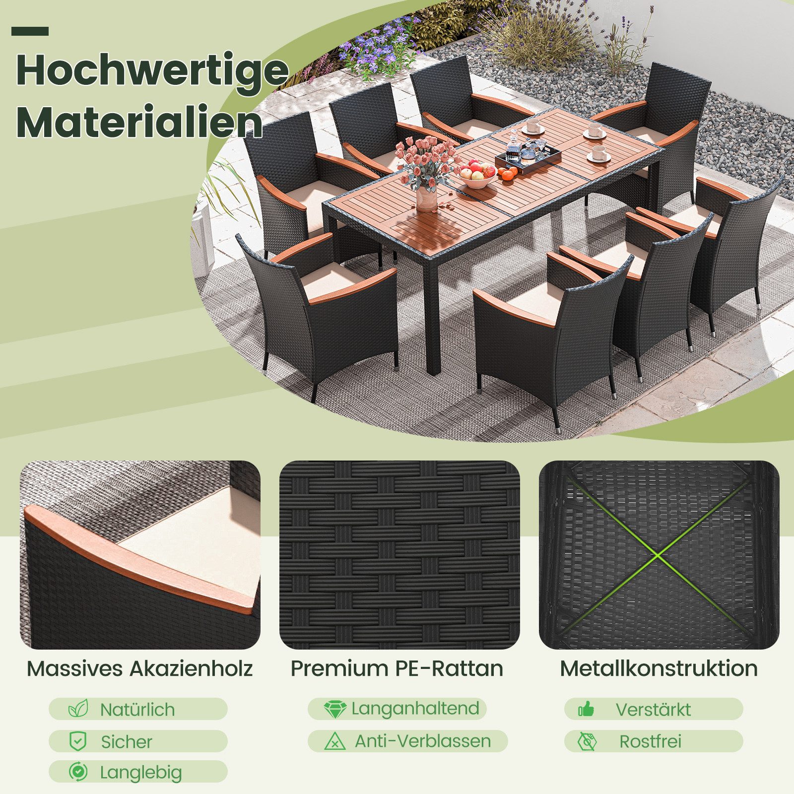 COSTWAY Garten-Essgruppe, (9-tlg), Rattan, Akazienholz, für 8 Personen, mit Kissen