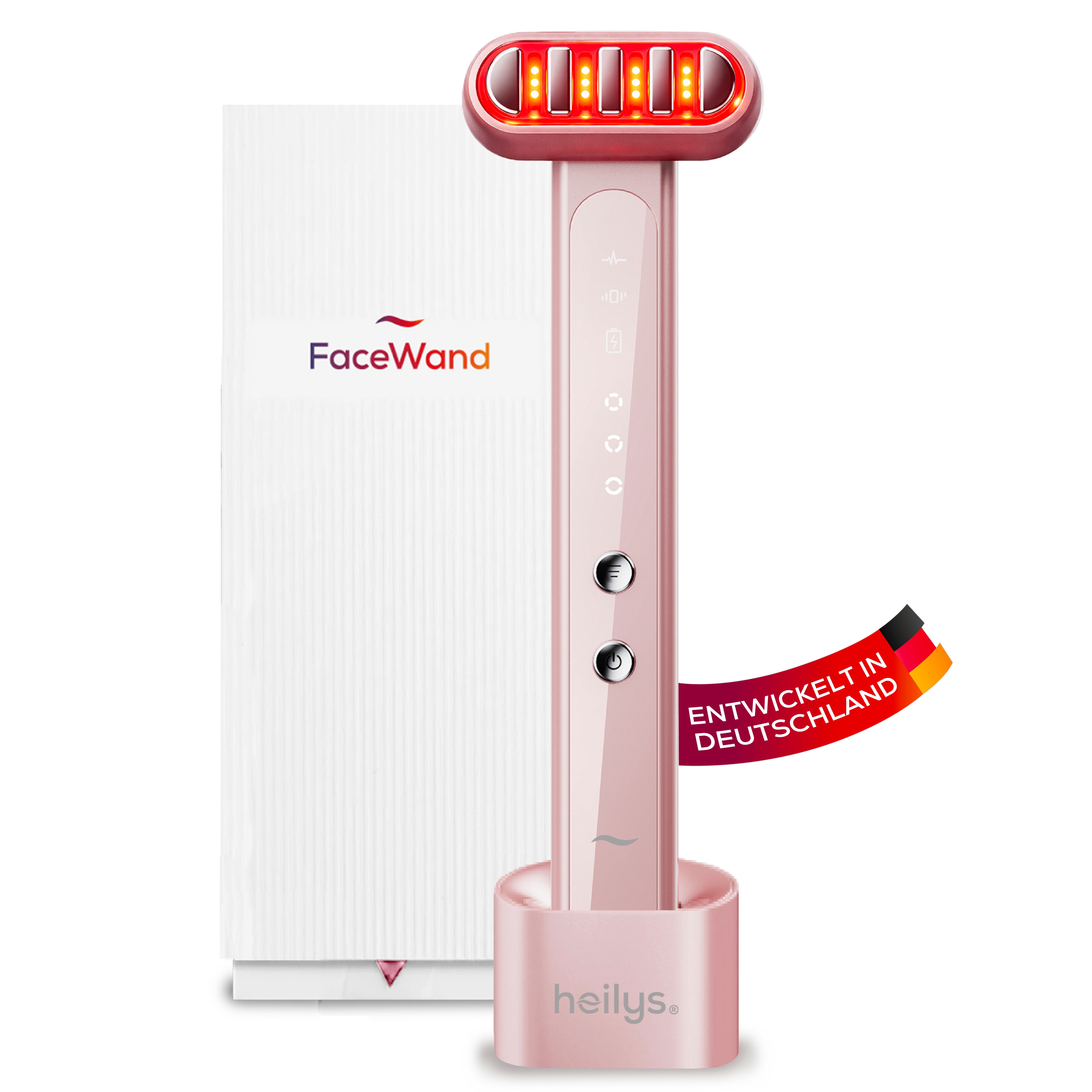 heilys® Gesichtsmassagegerät heilys® FaceWand, Rotlichtlampe Gesicht, 5-in-1 Beauty Gerät mit EMS, Rot- & Blaulicht, Ideal für Zuhause und unterwegs