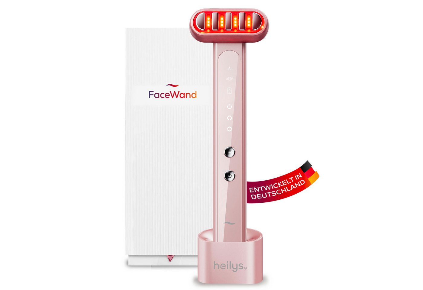 heilys® Gesichtsmassagegerät heilys® FaceWand, Rotlichtlampe Gesicht, 5-in-1 Beauty Gerät mit EMS, Rot- & Blaulicht, Ideal für Zuhause und unterwegs