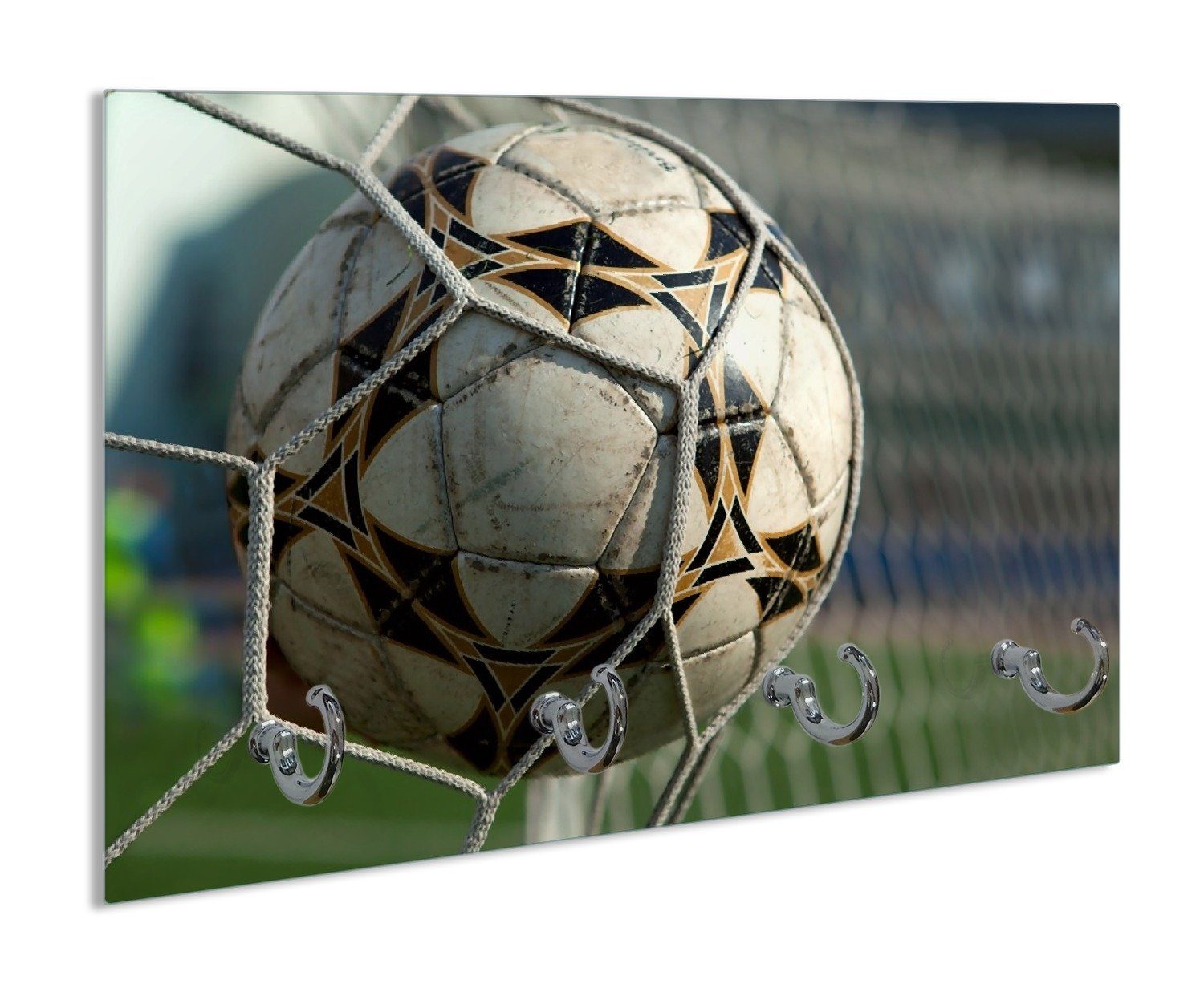 Wallario Handtuchhalter Fußball - Ball im Tor - Bolzplatz, aus Glas mit 4  Metallhaken, magnetische Oberfläche