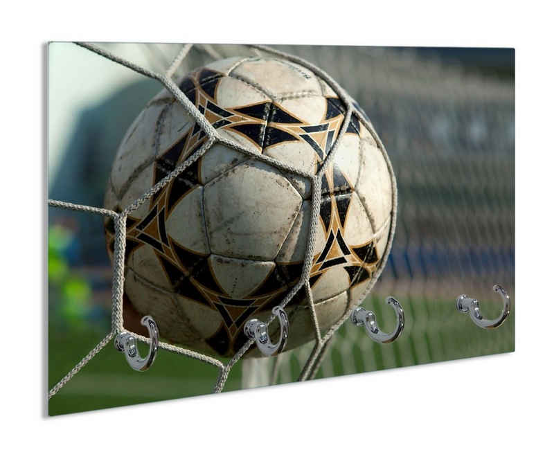 Wallario Schlüsselbrett Fußball - Ball im Tor - Bolzplatz, (inkl. Aufhängeset), 30x20cm, aus ESG-Sicherheitsglas