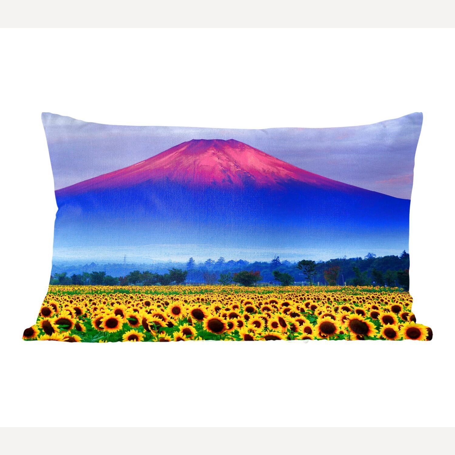 MuchoWow Dekokissen Der farbenfrohe Fuji in Asien mit Sonnenblumen im Vordergrund, Wohzimmer Dekoration, Zierkissen, Dekokissen mit Füllung, Schlafzimmer