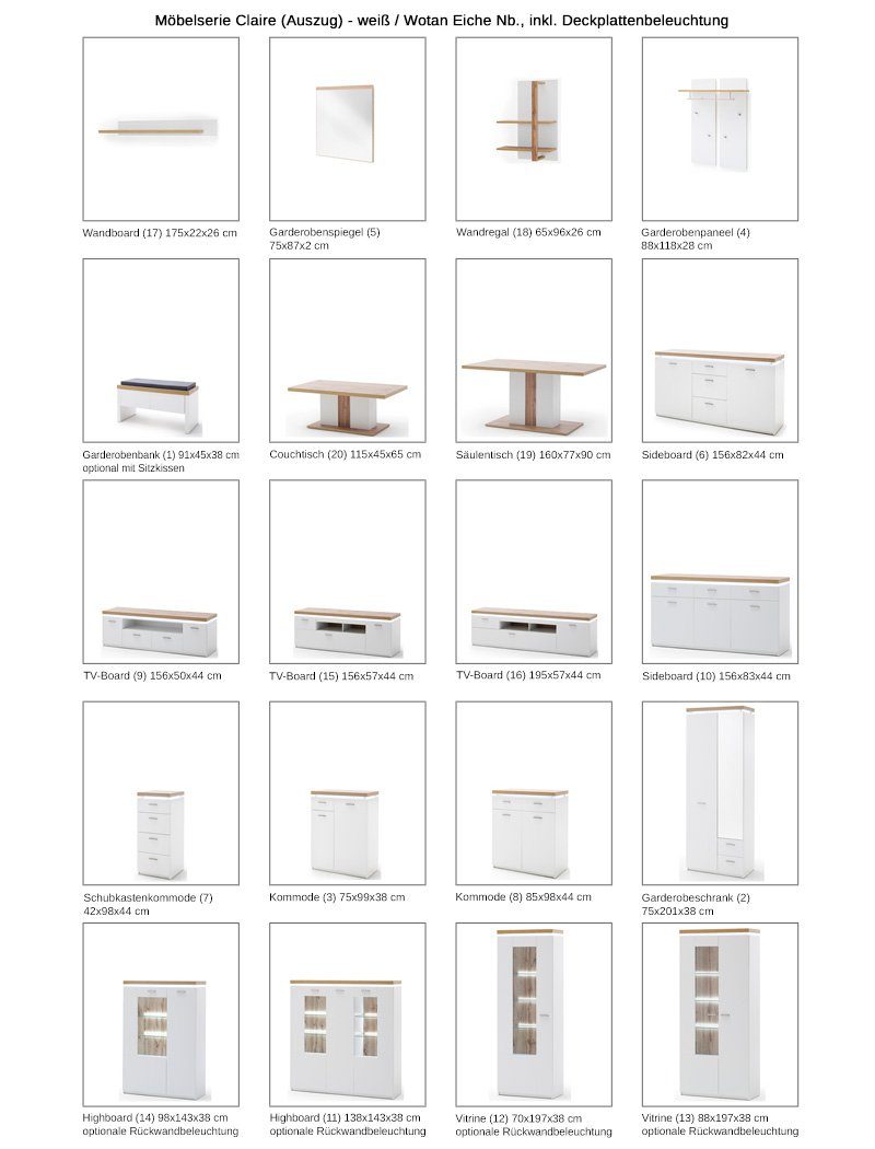 160, Feingewebe Claire Wotan 10-St), 6x mit grau Beleuchtung Wohnzimmer-Set (Spar-Set, weiß + Eiche / Arida expendio Stuhl