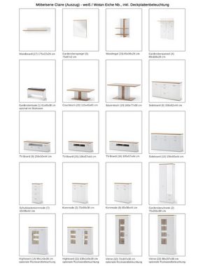 expendio Wohnzimmer-Set Claire 160, (Spar-Set, 10-St), weiß / Wotan Eiche mit Beleuchtung + 6x Stuhl Arida Feingewebe grau
