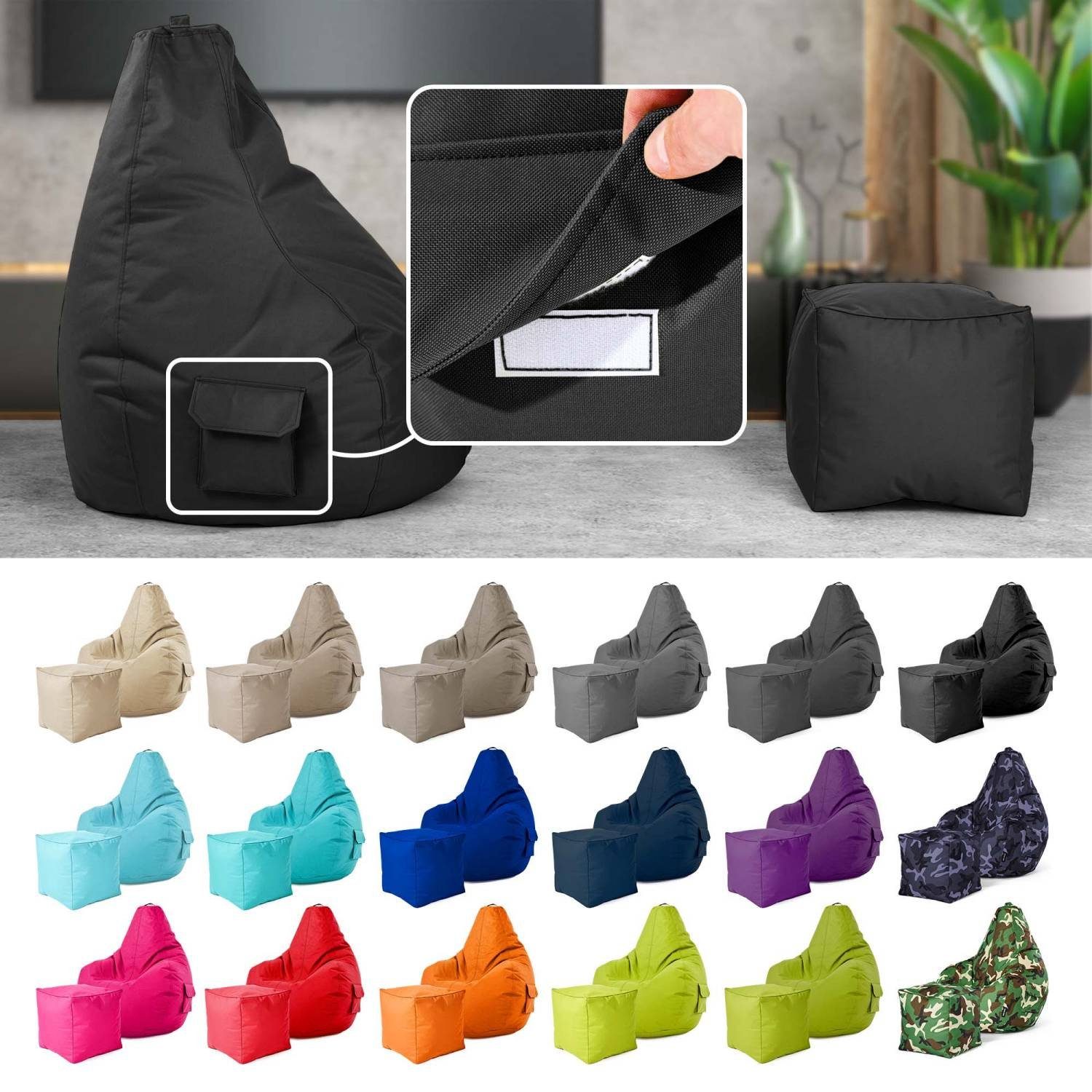 & Schwarz fertig Sitzsack Sitzhocker (2er Bean schmutzabweisend -, Relax-Sessel Gamer - Green + waschbar Lounge Bag Pouf Gamingstuhl Bean Hocker Bodenkissen), robust Kinder - Cozy+Cube Sitzsack Erwachsene befüllt Set