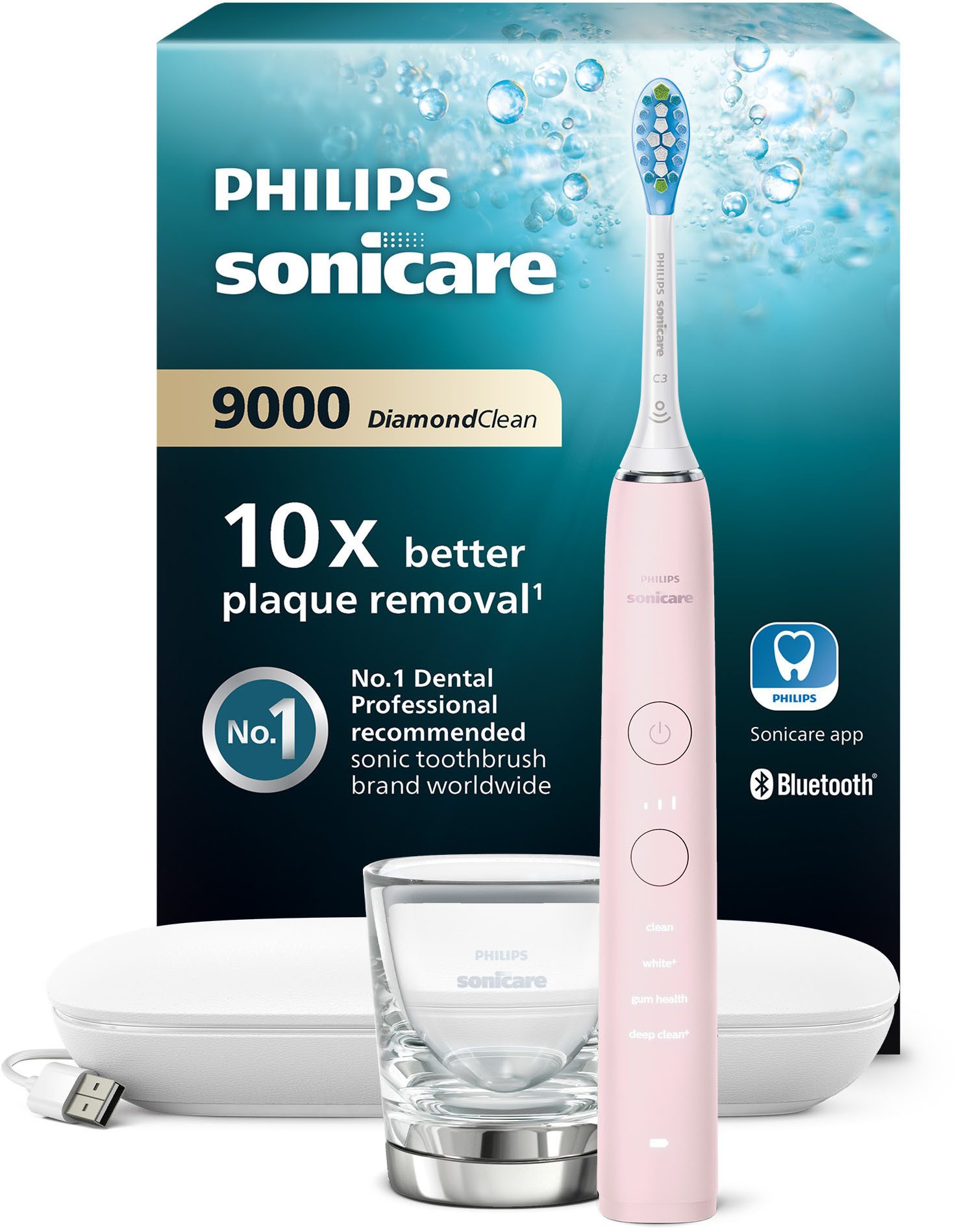 Philips Sonicare Elektrische Zahnbürste DiamondClean 9000 HX9911, Aufsteckbürsten: 1 St., mit Schalltechnologie, Ladeglass, USB-Reiseetui