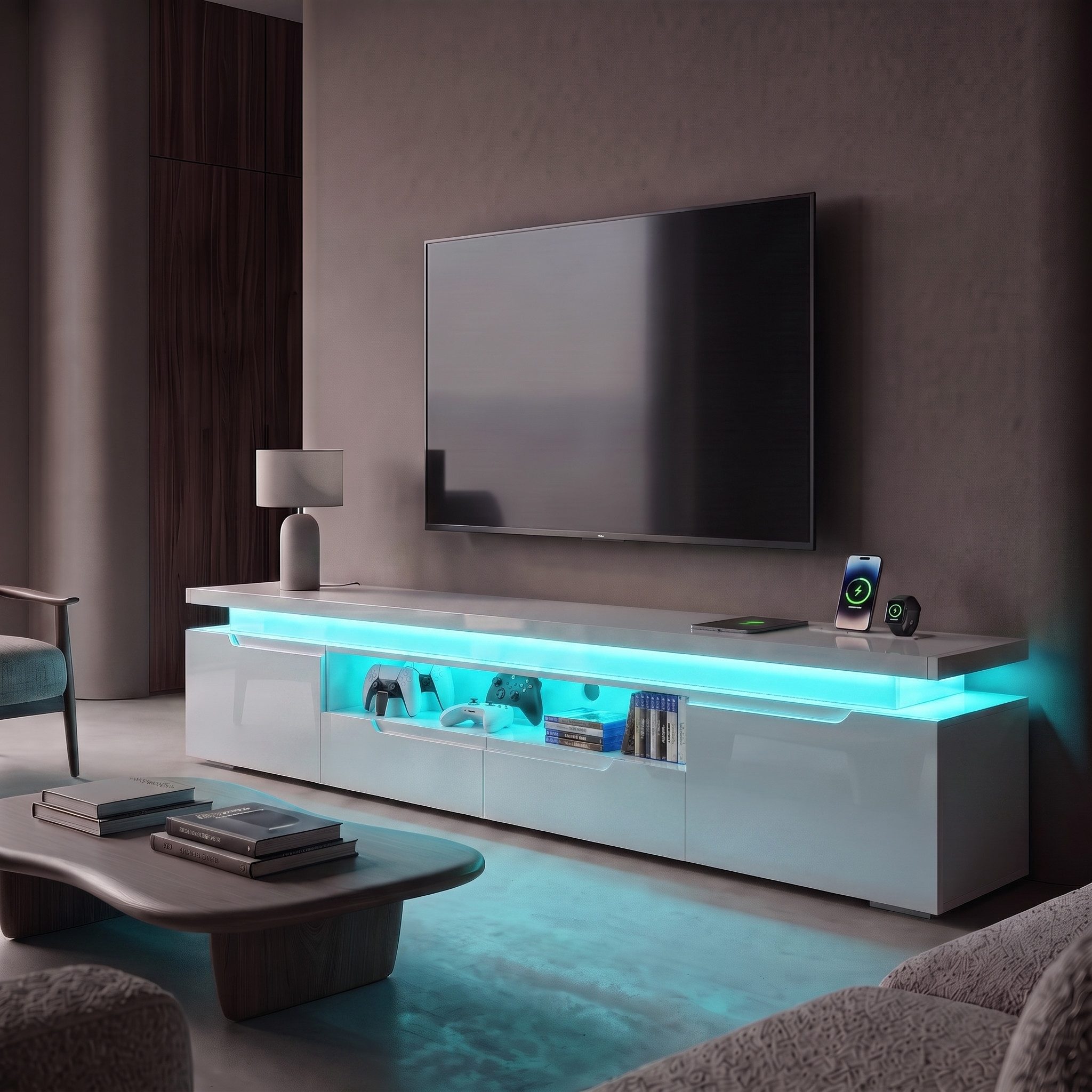 PXloue TV-Schrank in wohnzimmerd TV-Lowboard mit LED-Beleuchtung und Steckdosen Mit 2 Türen, Regalen und viel Stauraum 180 x 35 x 52 cm