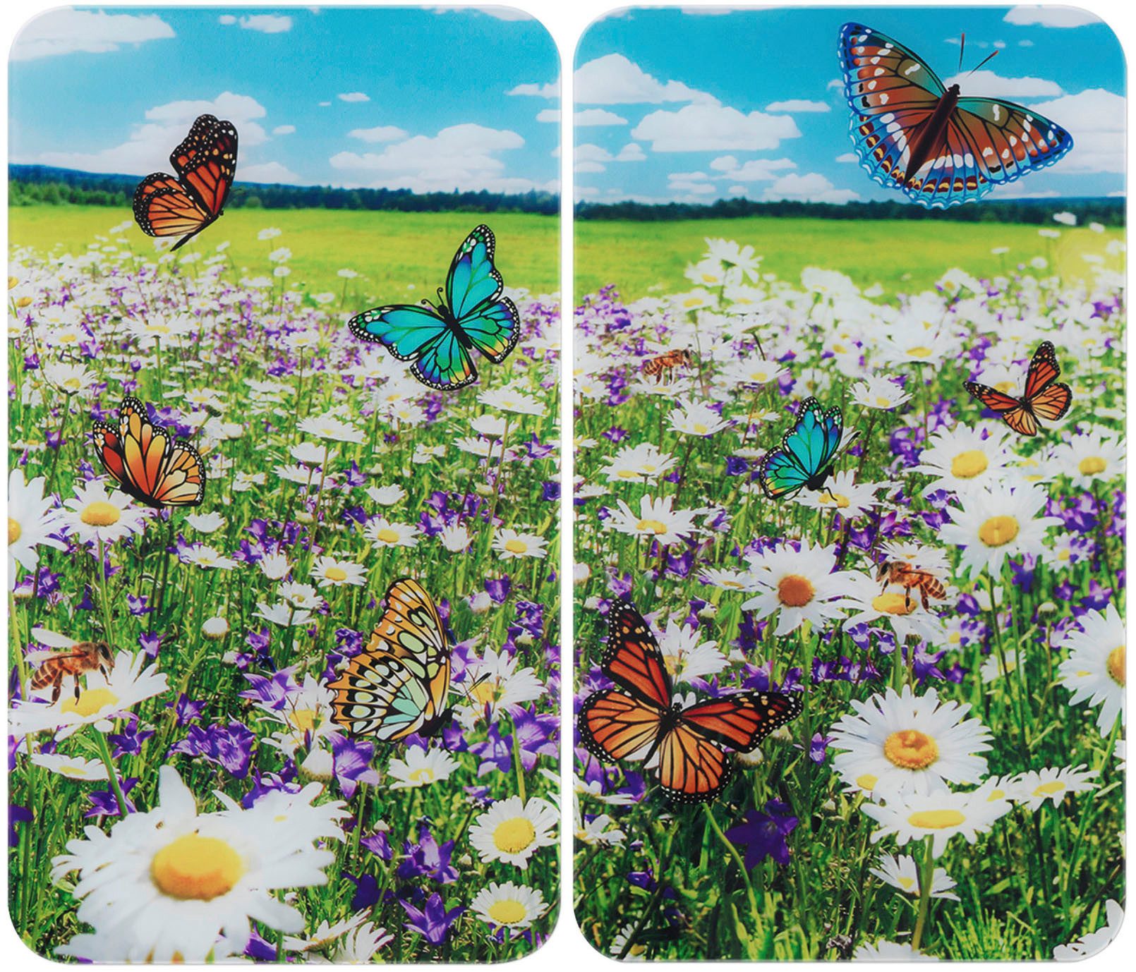 WENKO Herd-Abdeckplatte Universal Modell Sommerwiese, Glas, (Set, 2 tlg), Herdabdeckung für alle Herdarten, kratzfest, mit rutschfesten Füßen