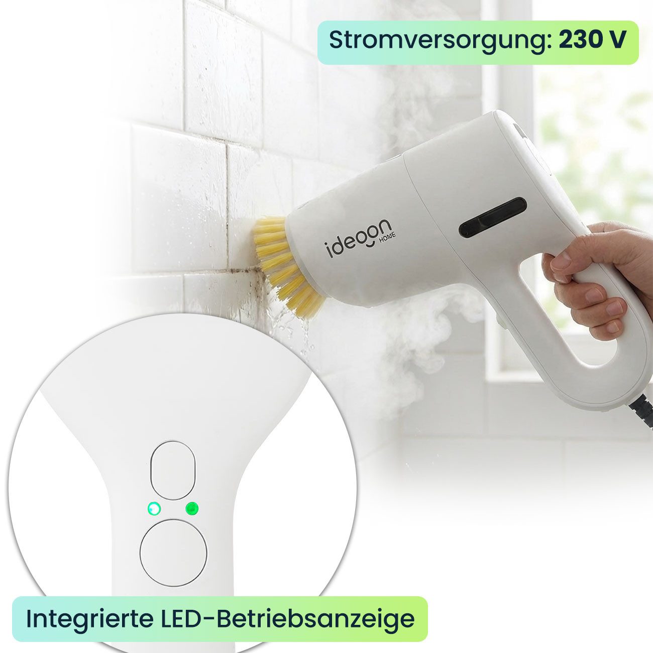 shop'n smile ideoon Dampfreiniger Leistungsstarker 3in1 Dampfreiniger & Dampfbesen 1200W 200 ml IP20, 1200 W, beutellos, LED-Betriebsanzeige, 10 Min. Dampfbetrieb, Aufheizzeit: 15 Sek.