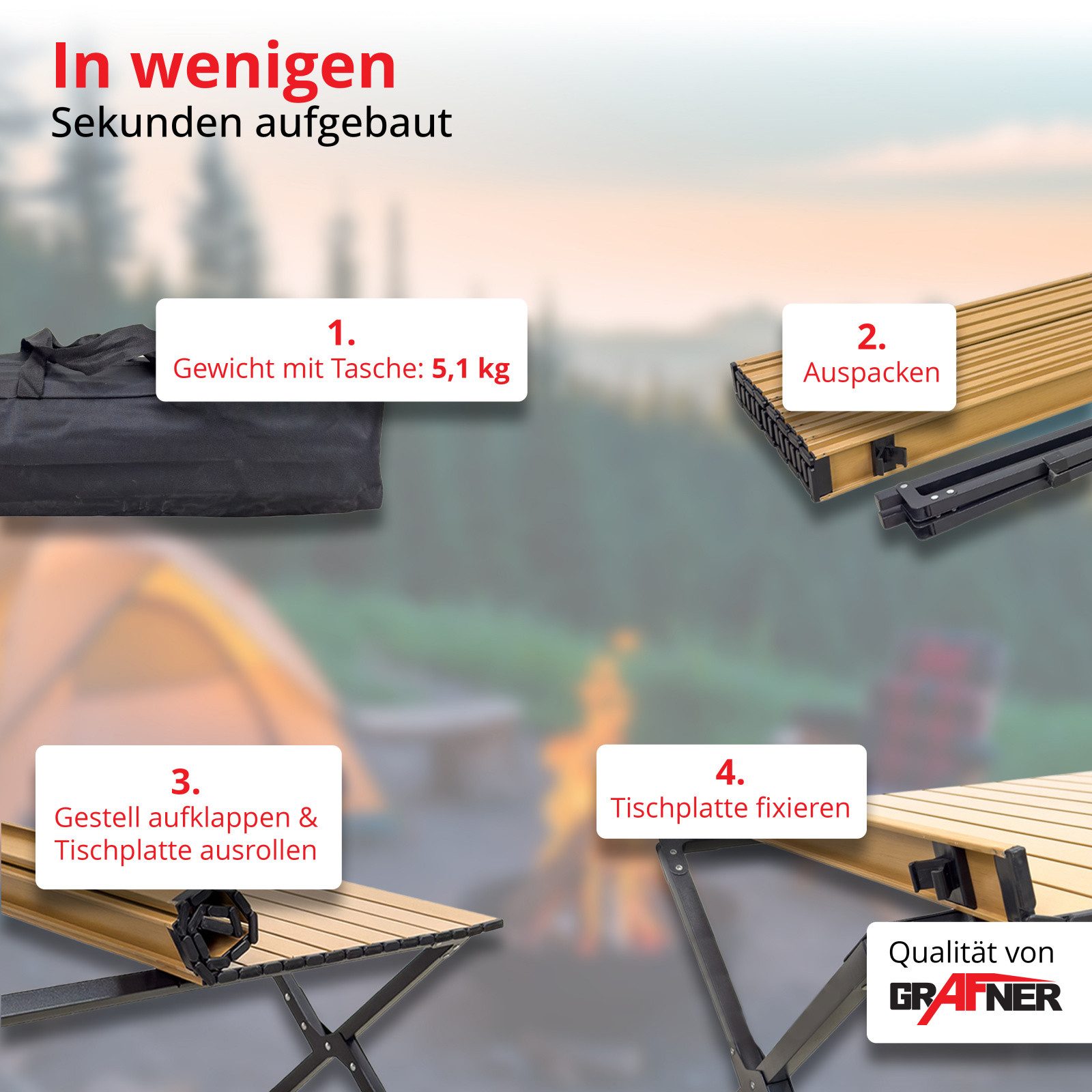Grafner Campingtisch Rolltisch klappbar Holzoptik 118x58x43 cm inkl. Transporttasche (2-St), Robust, stabil, für bis zu 6 Personen – Bild 4 von 5