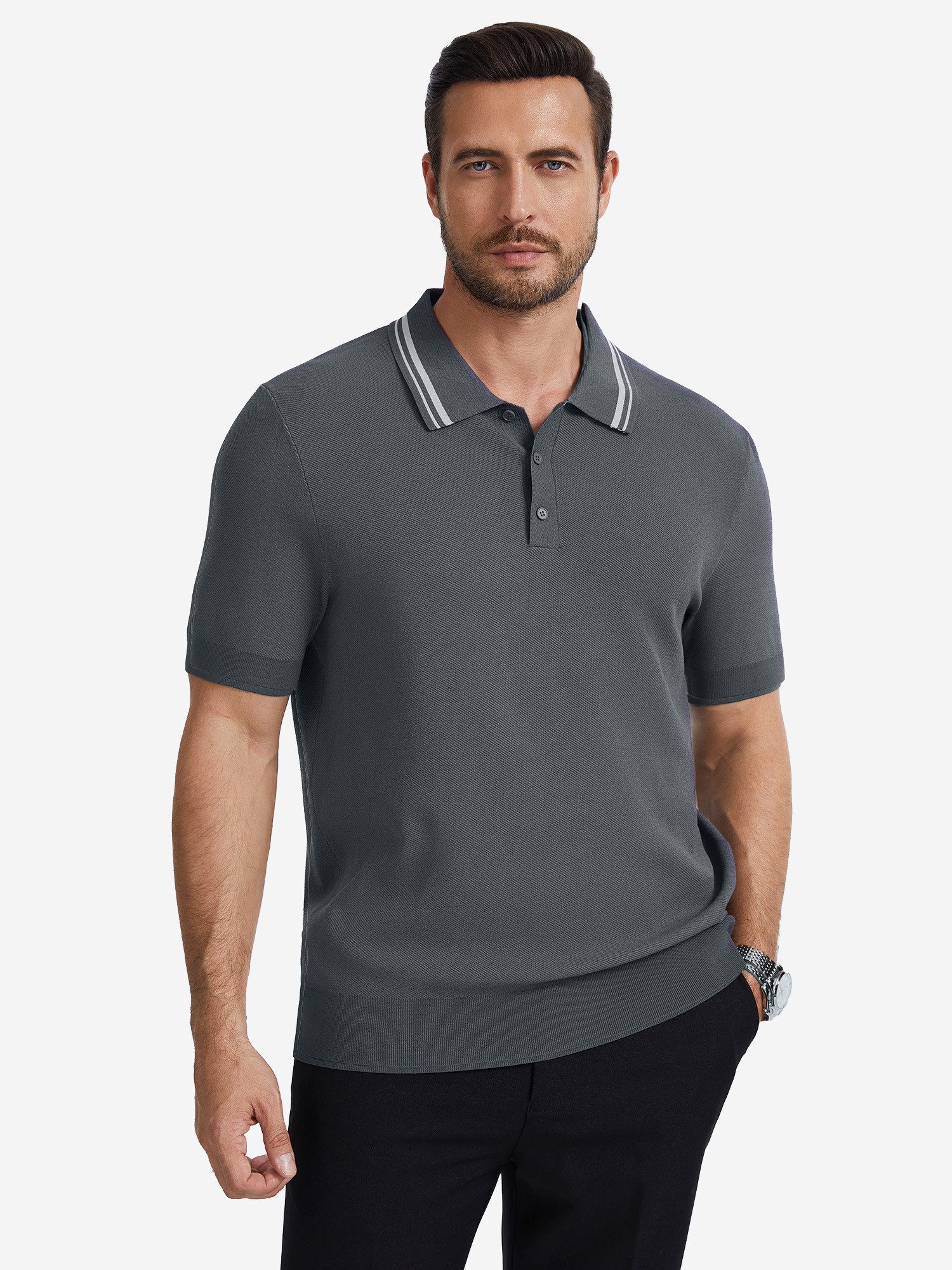 VANTORY Poloshirt Herren Strickpolo mit Knopfleiste für Business‑Casual & Freizeit (Packung, 1-tlg., 1per-Pack) mit Kontrastkragen