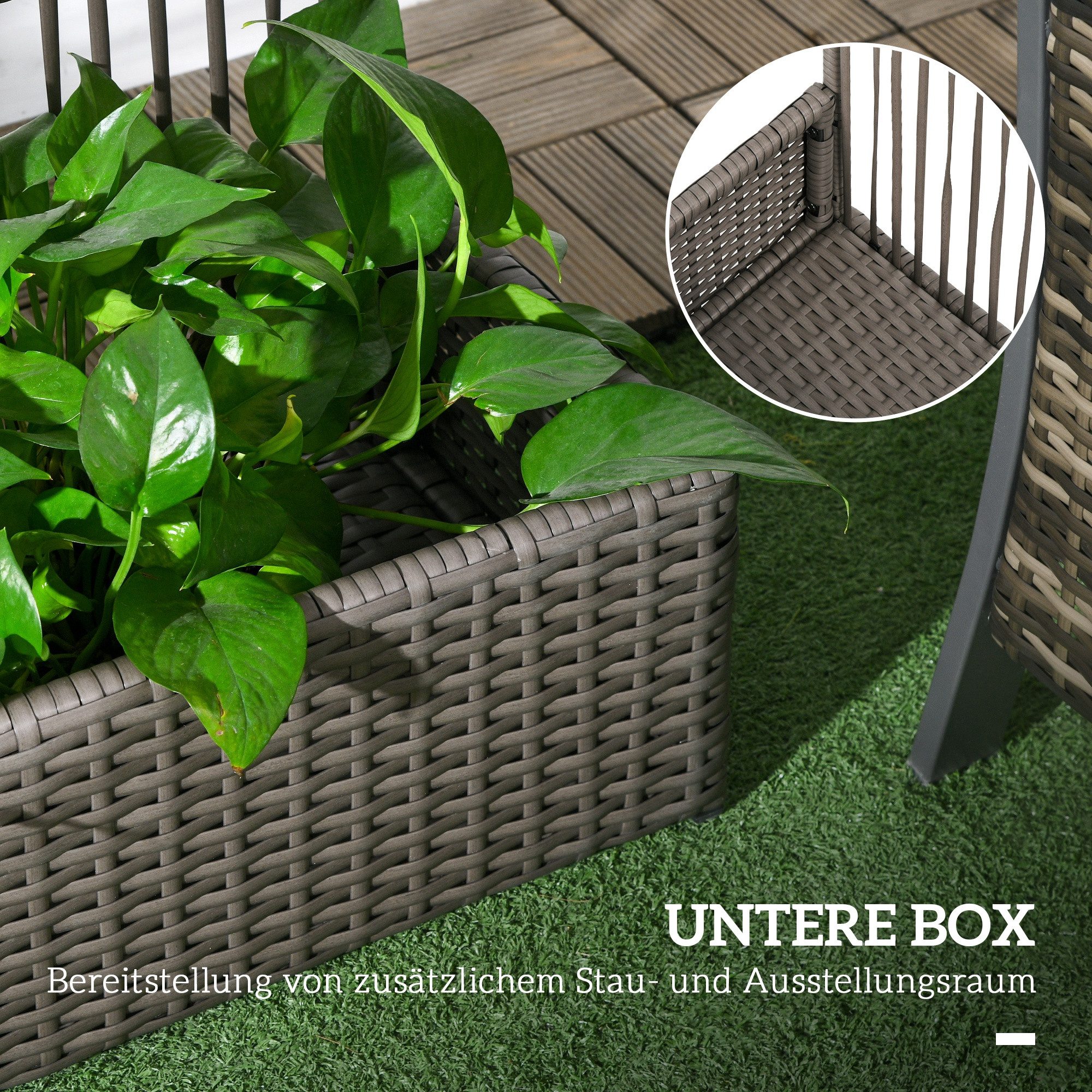 Outsunny Hochbeet Hochbeet mit Rankgitter in Rattan-Optik Blumenbeet für Balkon (Blumenkasten, 1 St., Pflanzkasten), für Garten, Balkon, 103 x 29 x 103 cm Grau – Bild 5 von 5