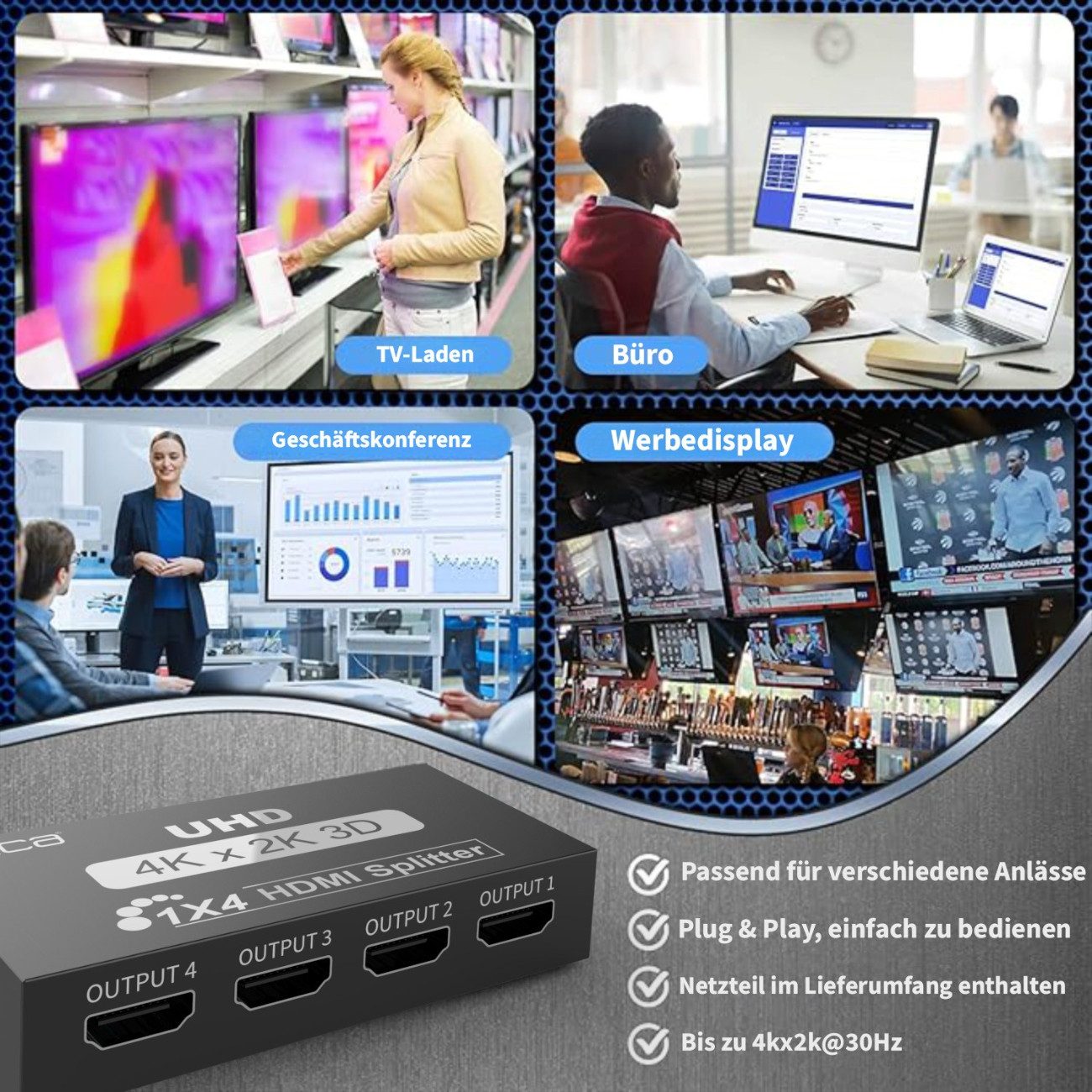 INCA HDMI-Splitter IHSK-430, 4K HDMI Splitter 1x4 mit Netzteil und 3D-Unterstützung