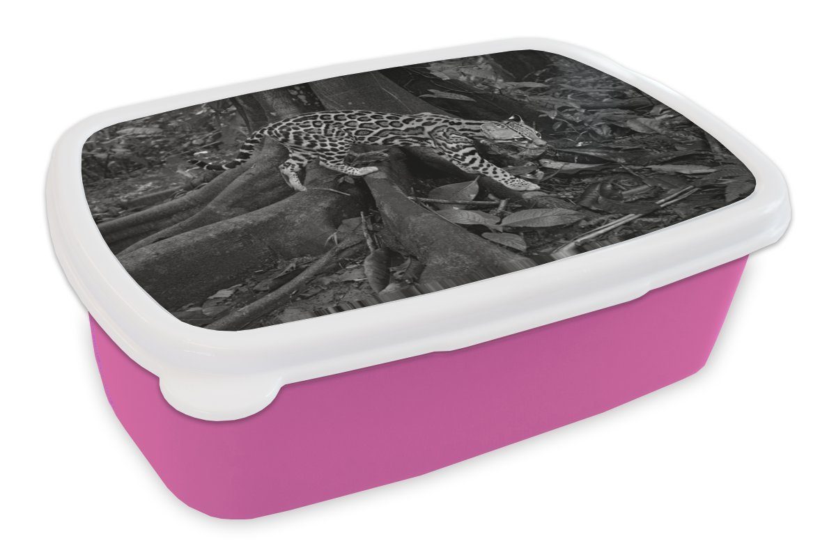 MuchoWow Lunchbox Ozelot im Dschungel von Costa Rica in Schwarz und Weiß, Kunststoff, (2-tlg), Brotbox für Erwachsene, Brotdose Kinder, Snackbox, Mädchen, Kunststoff rosa