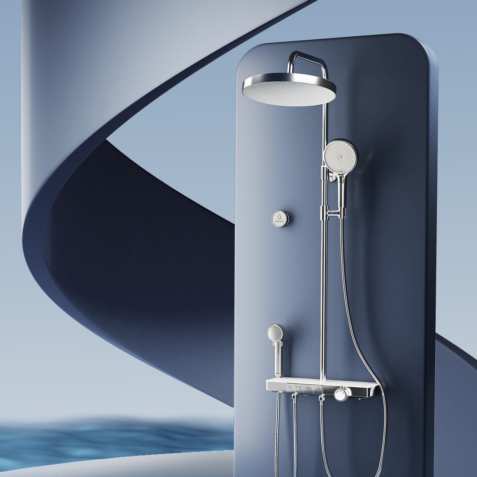 EMKE Duschsystem Brausegarnitur mit Thermostat Bluetooth-Steuerung Entwässerung, Höhe 113 cm, 4 Strahlart(en), Regenduische, Kinderdusche, Bluetooth, Chrom