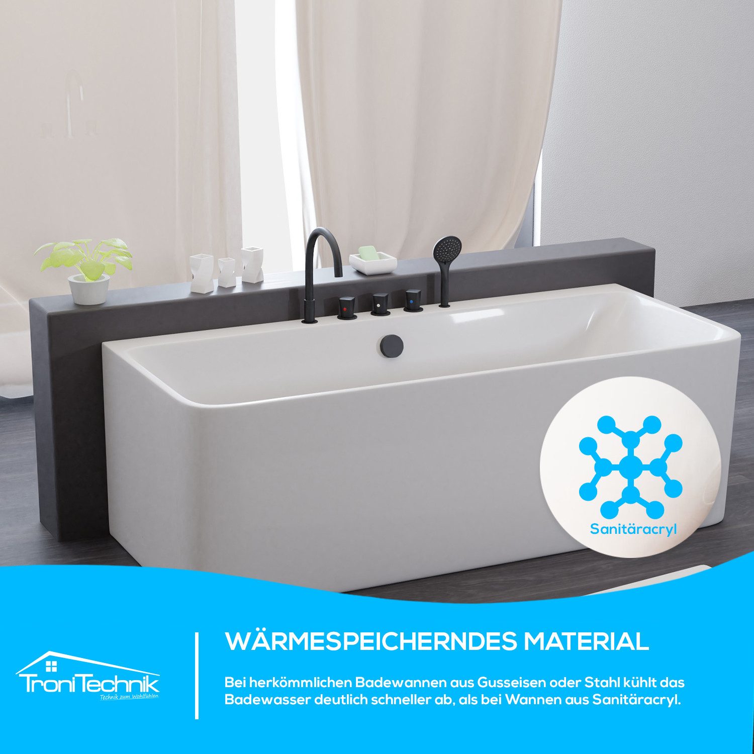 TroniTechnik Badewanne SARIA mit schwarzer Armatur, 170 x 80 x 58cm (L x B x H), (inkl. Armatur, vormontiert,hochwertiges Sanitäracryl, Wärmespeichernd, 3-tlg), glasfaserversärktes Acryl,Überlauf-Ablauf und Push-to-open Abfluss