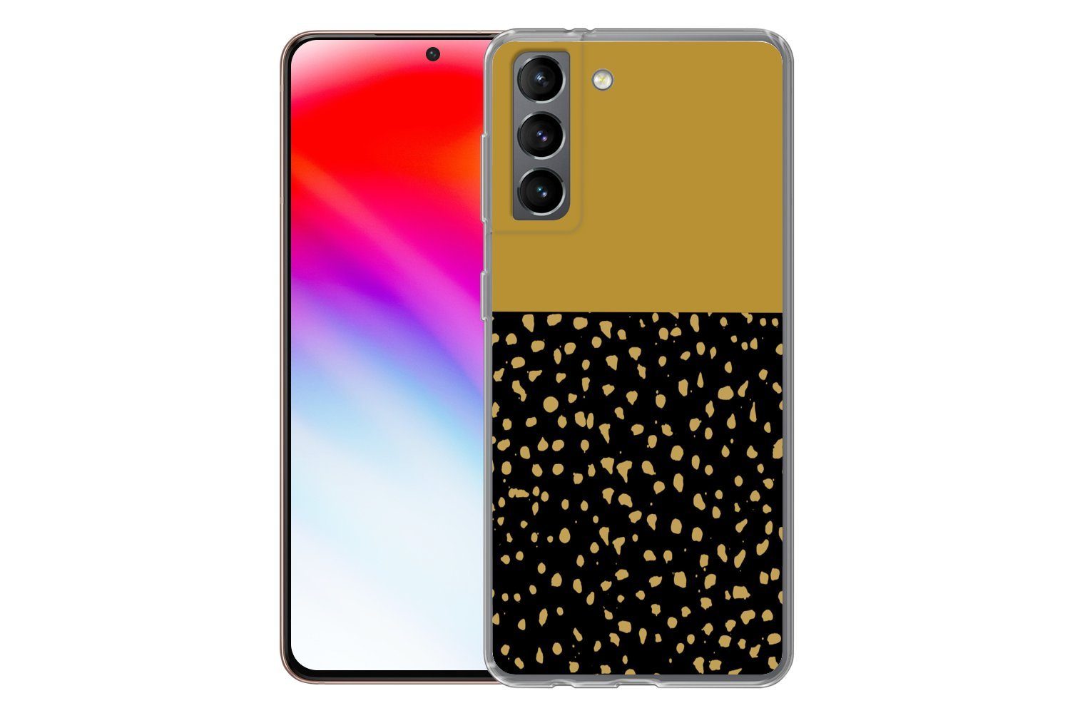 MuchoWow Handyhülle für Samsung Galaxy S21 Polka dots - Ockergelb - Schwarz, Phone Case, Silikon, Schutzhülle Dünn
